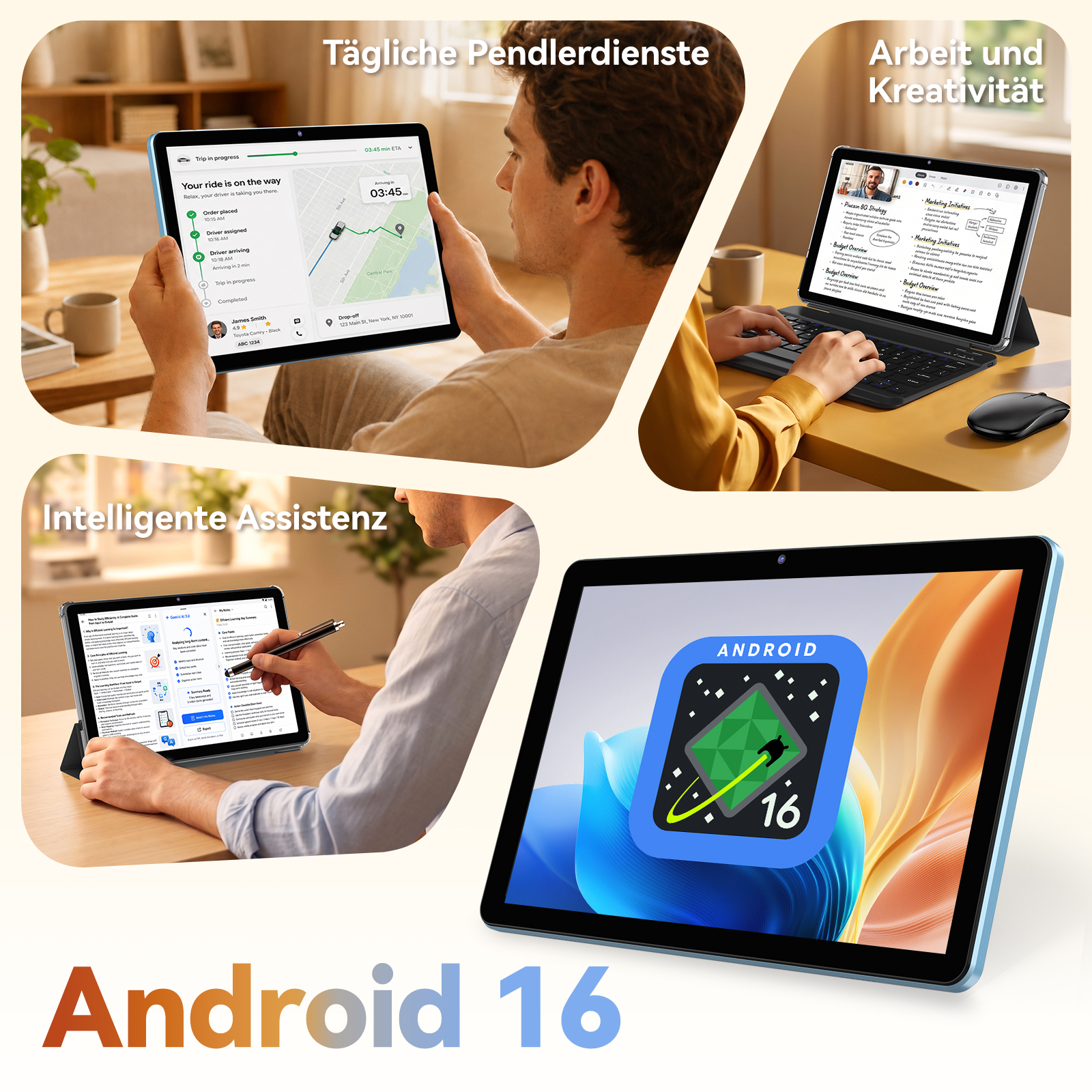 Collage von Personen, die ein Tablet für Pendlerdienste, Arbeit und Android 16 nutzen.