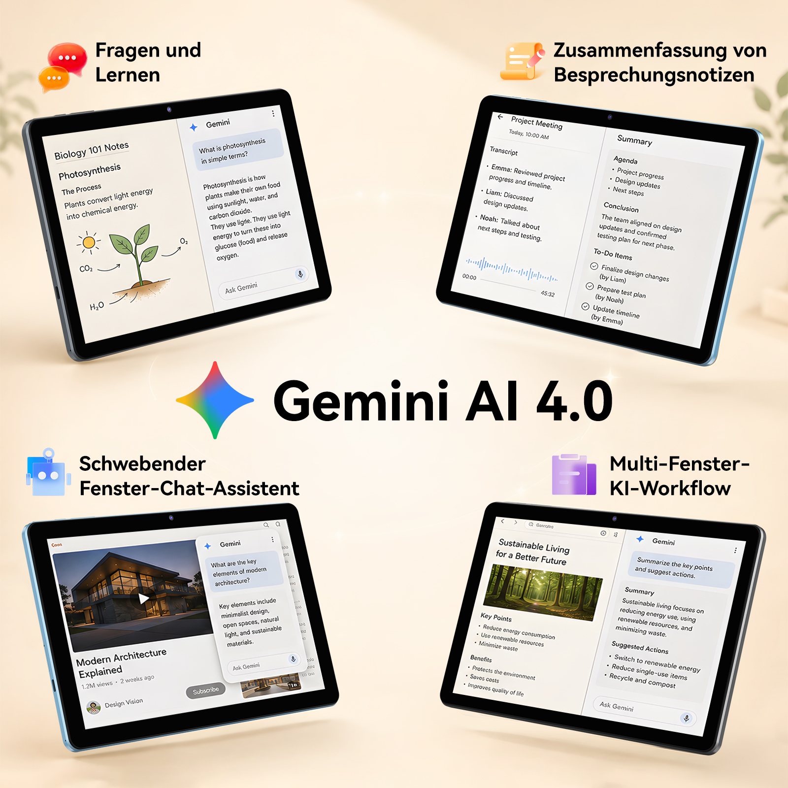 Vier Tablets zeigen Gemini AI 4.0-Funktionen wie Biologie-Notizen, Meeting-Zusammenfassungen, Chat und Multi-Fenster.