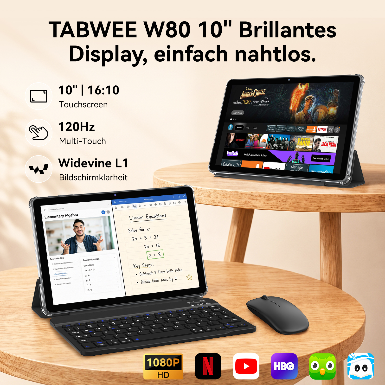 Zwei Tablets auf Holztischen mit Tastatur, Maus und Streaming-Symbolen.