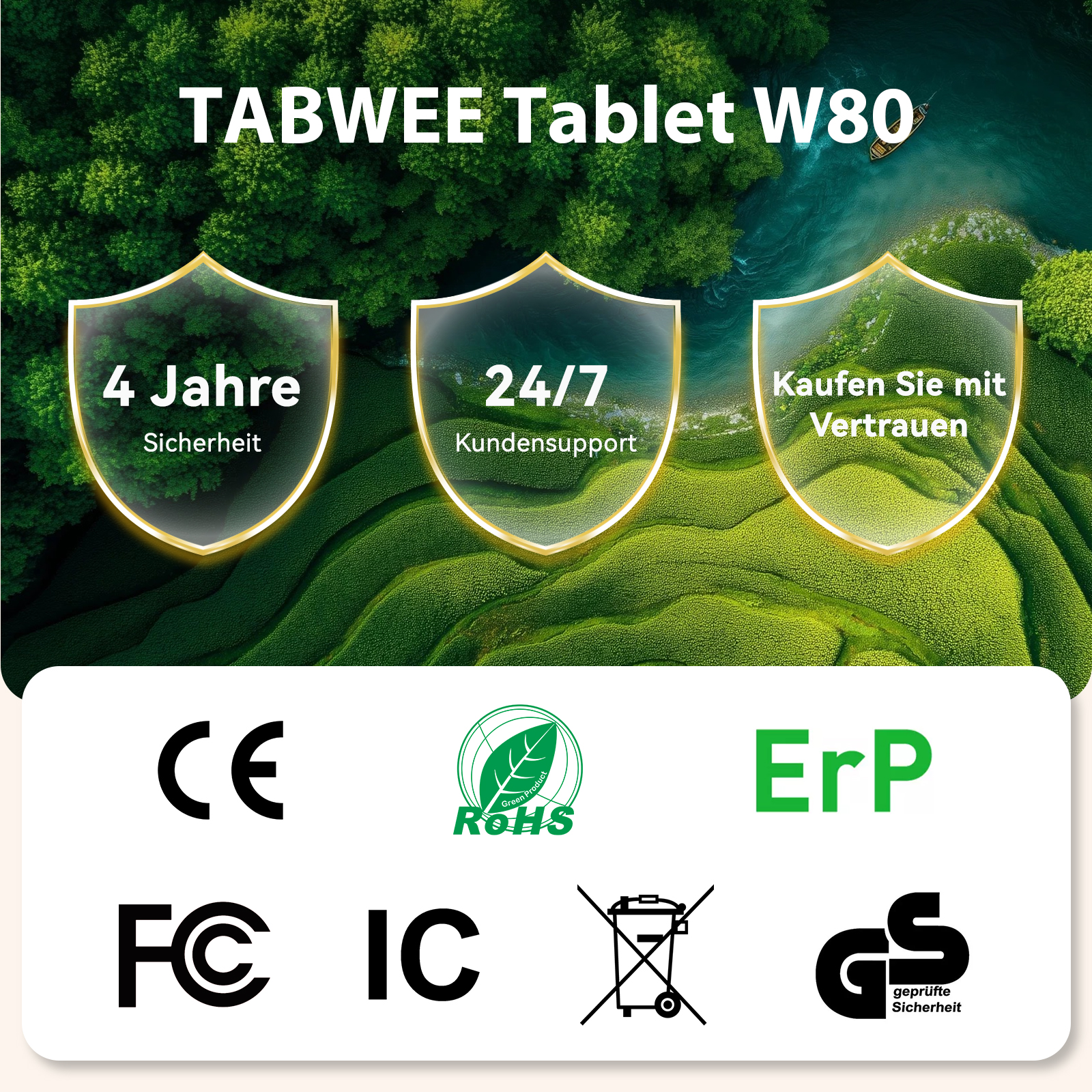 TABWEE Tablet W80 Werbung mit drei Schildern über grünen Terrassen und CE, RoHS, ErP, FCC, IC, GS Logos.