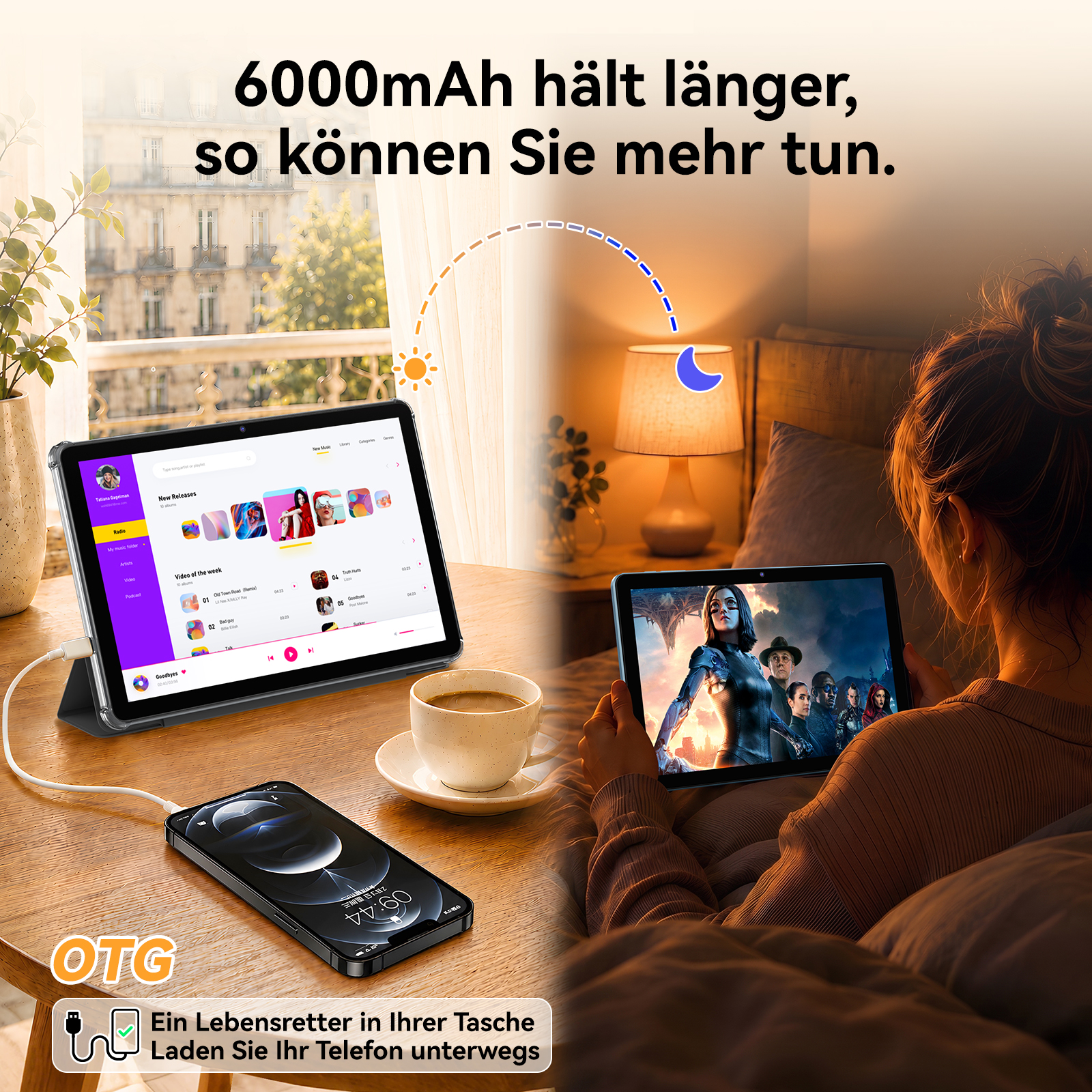 Geteilter Bildschirm zeigt tagsüber ein Tablet auf einem Tisch und nachts eine Frau im Bett mit einem Tablet.