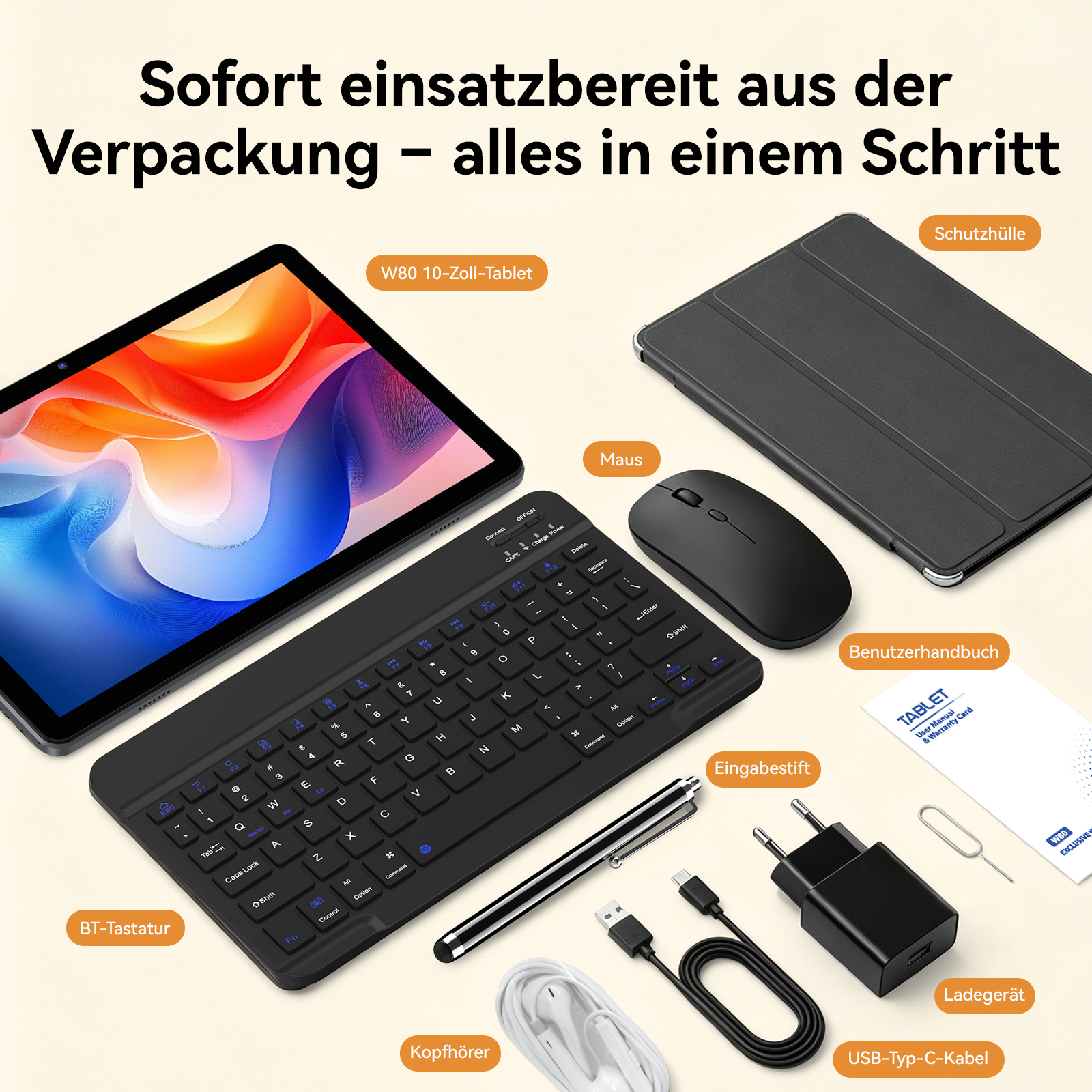 Tablet-Set mit W80 10-Zoll-Tablet, Bluetooth-Tastatur, Maus, Schutzhülle, Stift, Ladegerät, Kabel und Kopfhörern.
