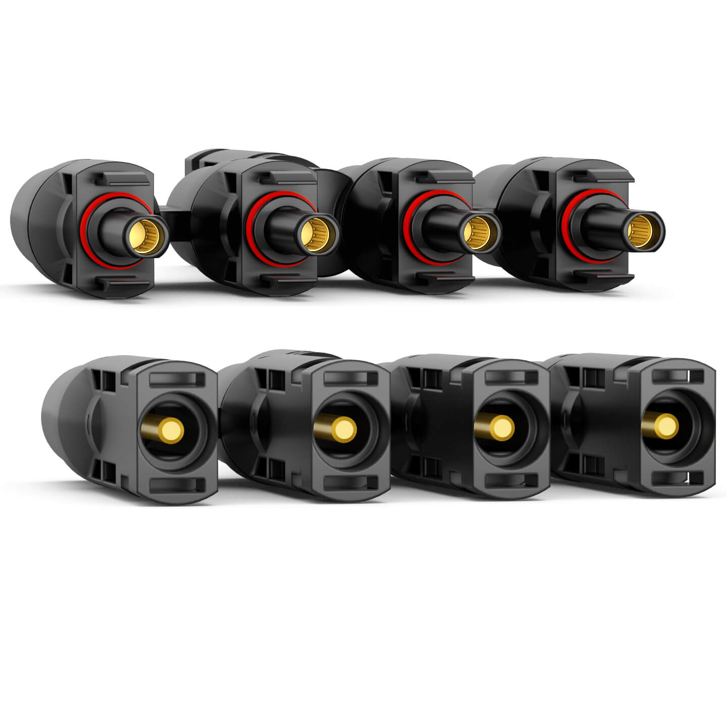 Acht schwarze, zylindrische Stecker mit goldenen Pins sind in zwei Reihen auf weißem Hintergrund angeordnet.