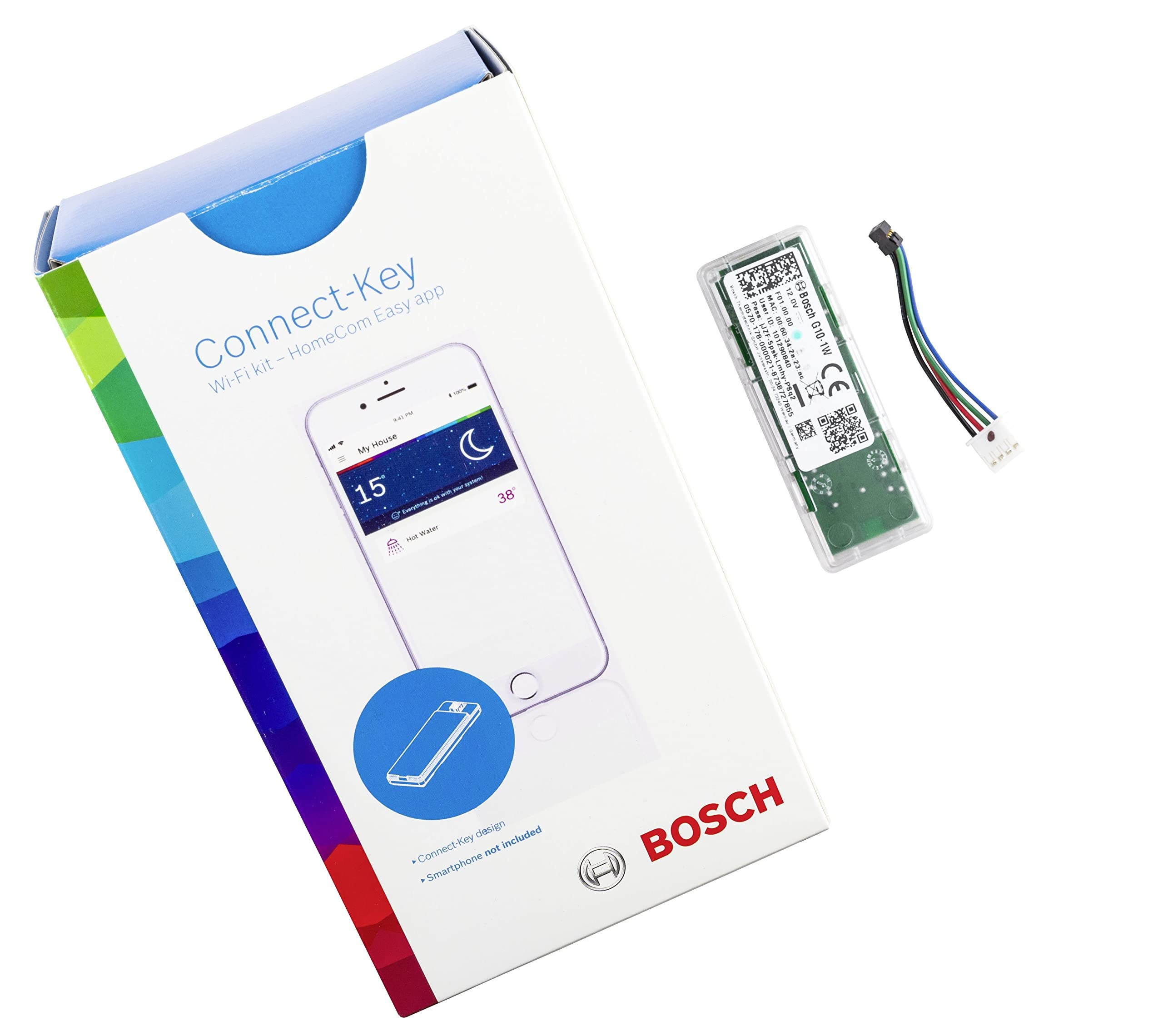 Bosch Connect-Key Wi-Fi-Kit Verpackung mit Modul und Kabel auf weißem Hintergrund.