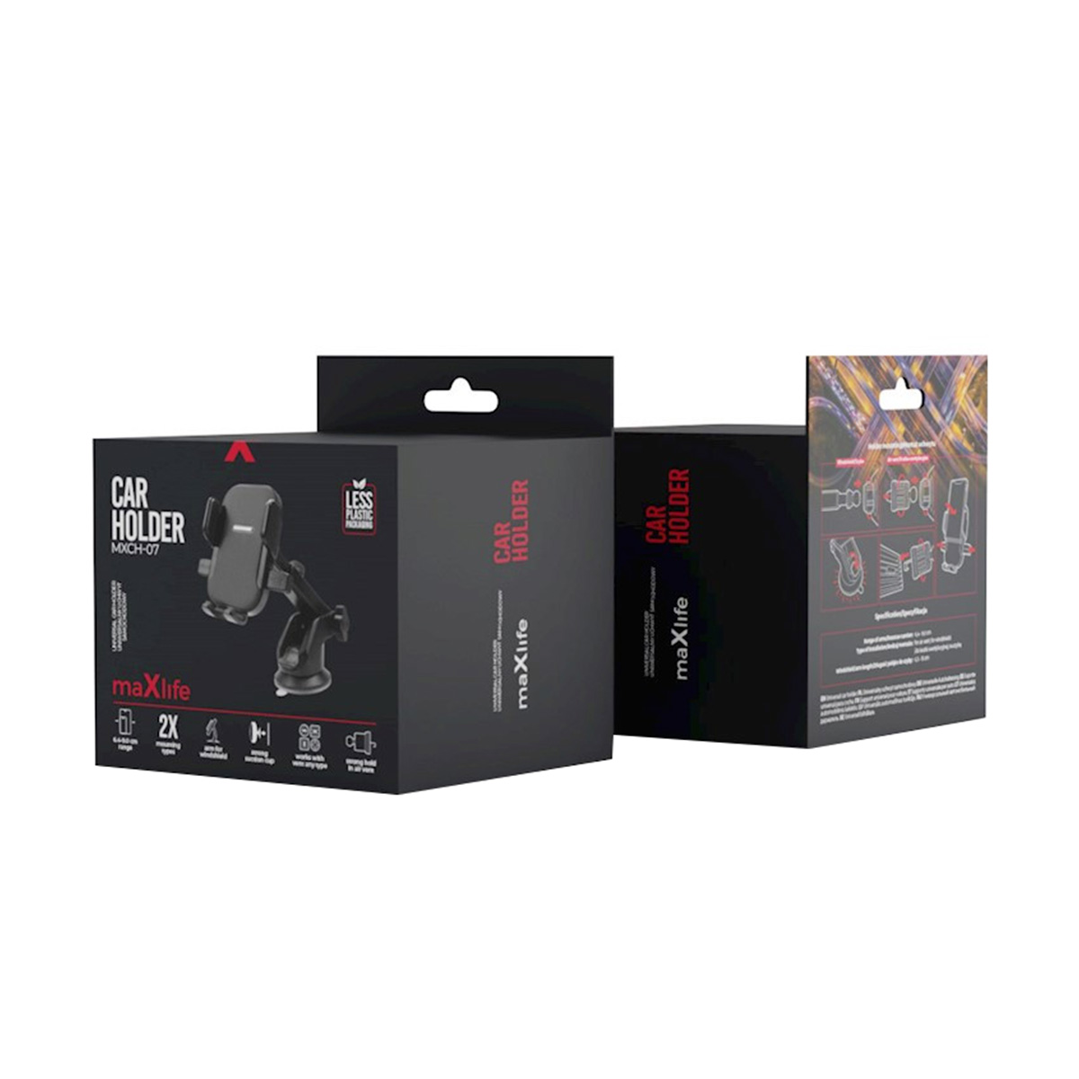 Schwarze Verpackung für den Maxlife Car Holder MXCH-07 mit Produktbild und technischen Details.