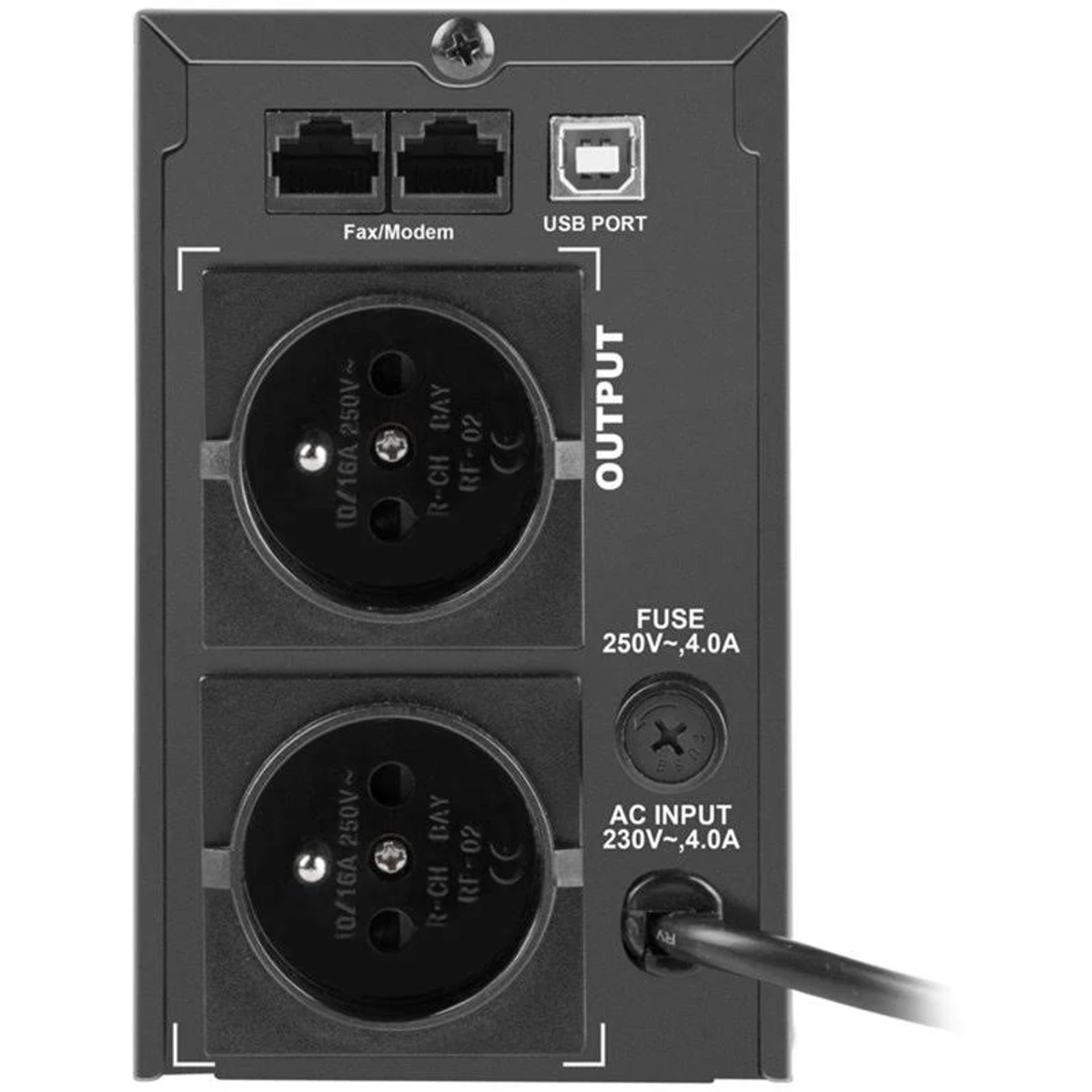 Rückseite einer USV mit zwei Steckdosen, Fax- und Modemanschlüssen, USB-Port, Sicherung und AC-Eingangskabel.