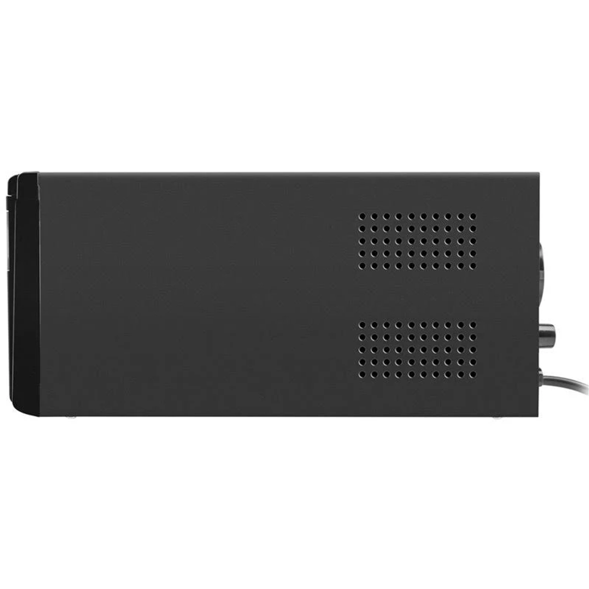 Seitenansicht eines schwarzen elektronischen Geräts mit zwei Lüftungsgitterbereichen.