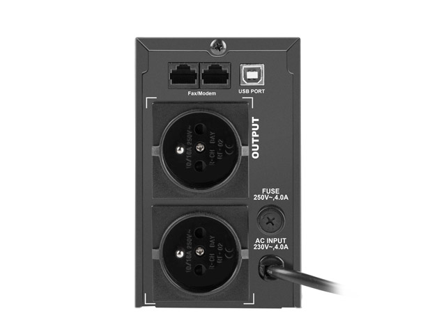 Rückseite einer USV mit zwei Steckdosen, USB-Port, Fax-Modem-Anschlüssen, Sicherung und AC-Eingangskabel.