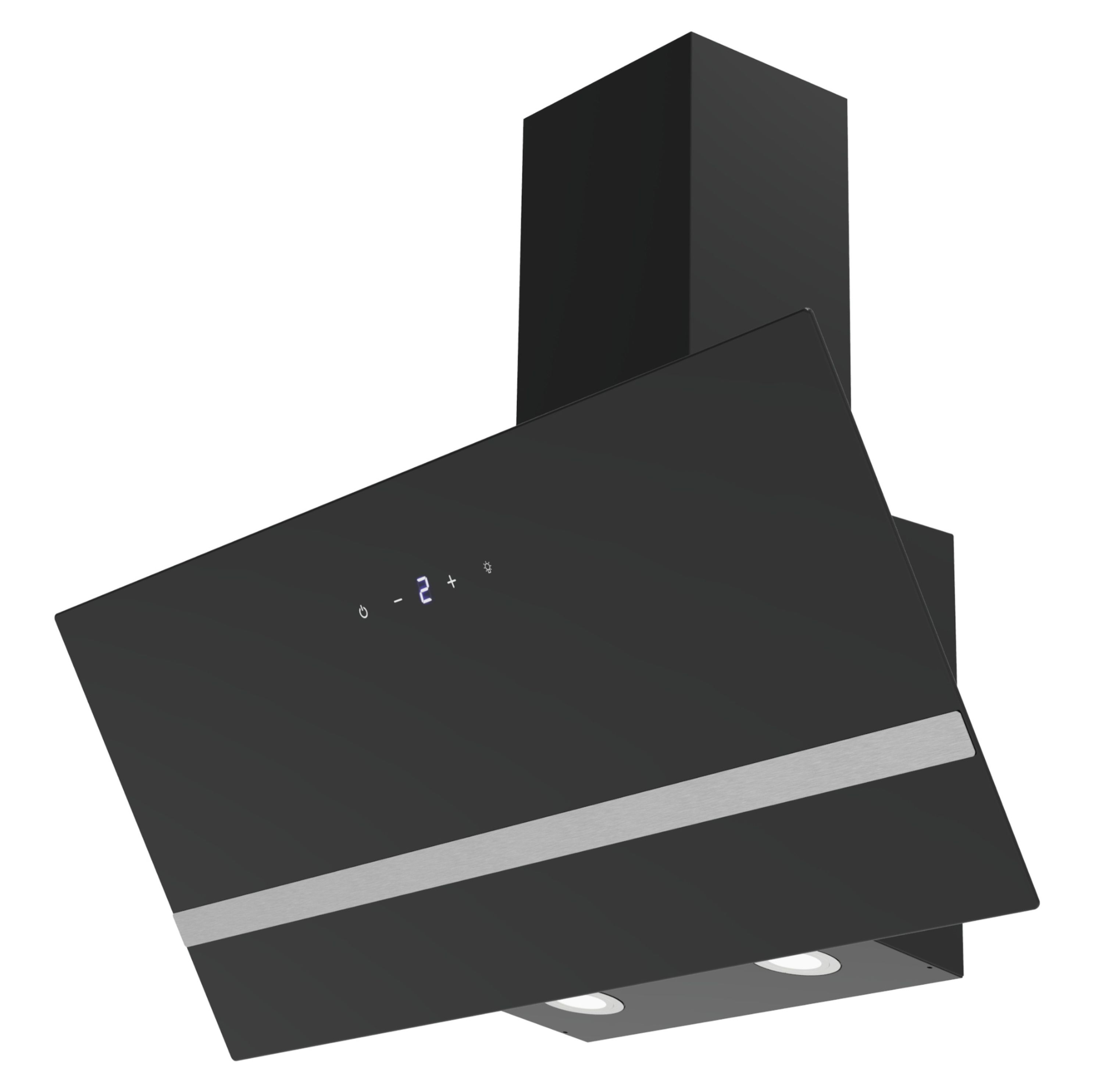 Eine schwarze, moderne Schräghaube mit digitalem Display, silbernem Zierstreifen und zwei Unterleuchten auf weißem Hintergrund.
