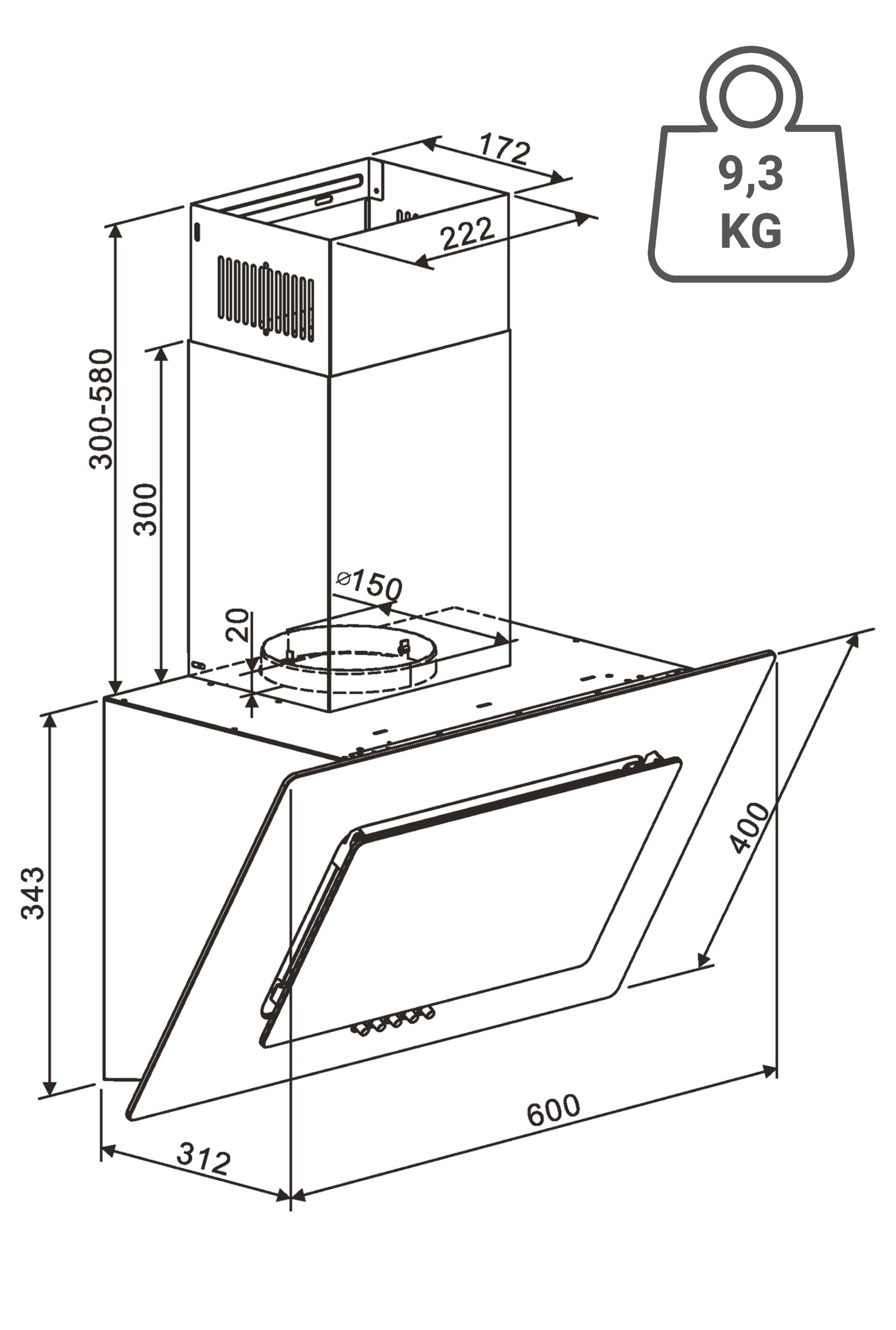 Technische Zeichnung einer Dunstabzugshaube mit Maßangaben in mm und einem Gewicht von 9,3 kg.