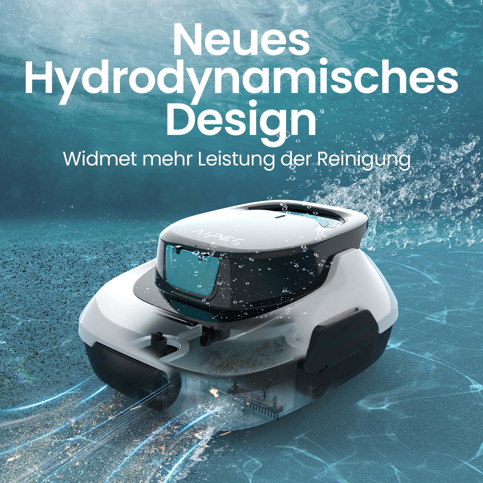 Ein weiß-schwarzer Poolroboter reinigt den Boden unter Wasser mit sichtbaren Wasserströmen.