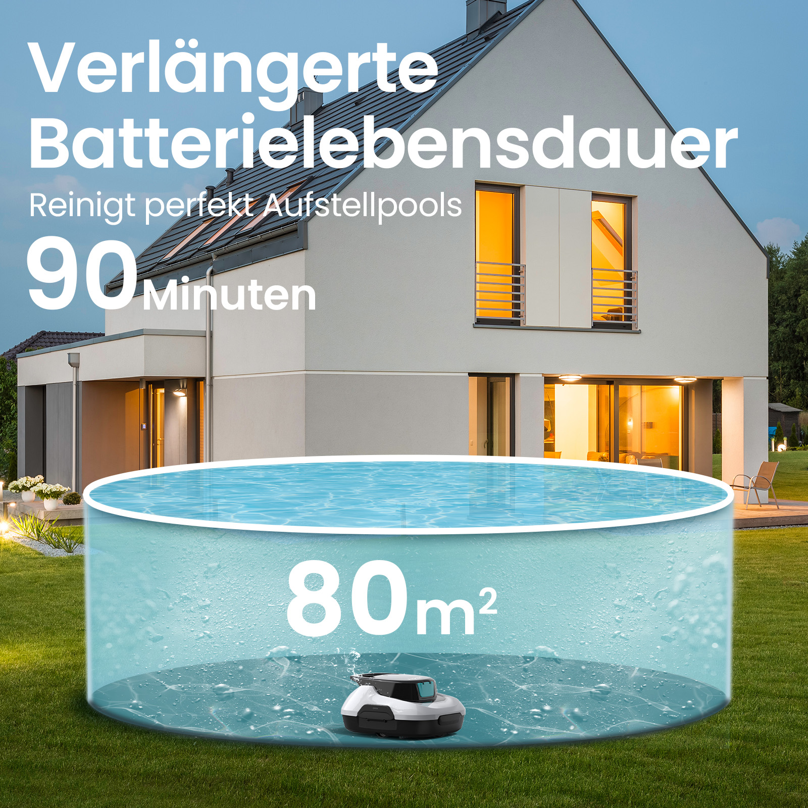 Ein Poolreinigungsroboter unter Wasser in einem Aufstellpool vor einem modernen Haus, mit deutschem Werbetext.