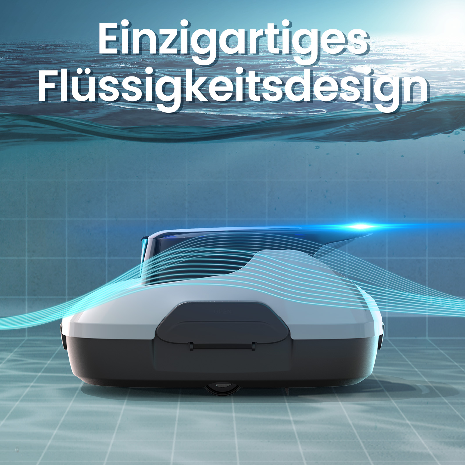 Ein weiß-schwarzer Poolreiniger Roboter unter Wasser mit blauen Lichtlinien und dem Text Einzigartiges Flüssigkeitsdesign.
