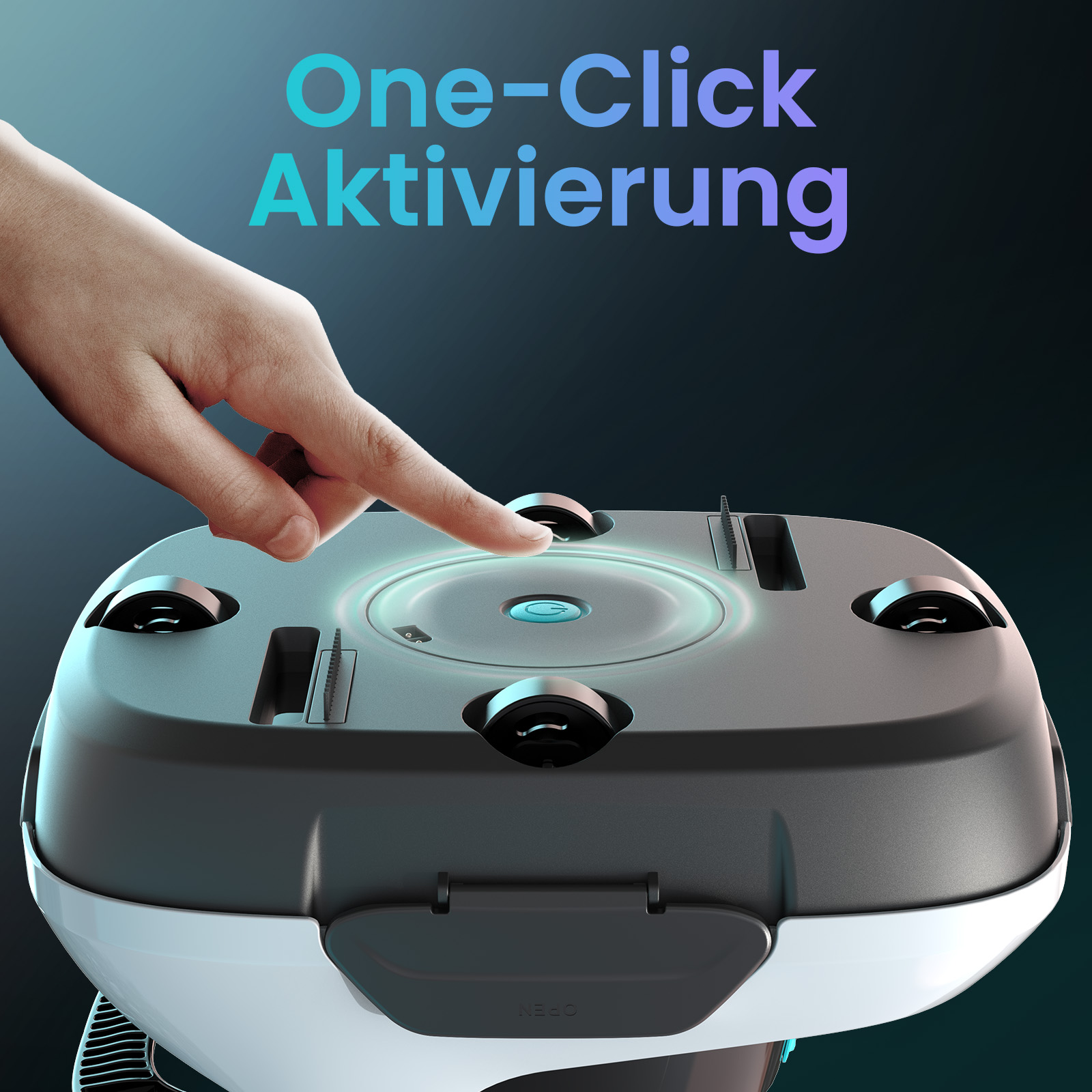 Hand drückt Ein-Knopf-Aktivierung auf der Unterseite eines Roboterstaubsaugers.