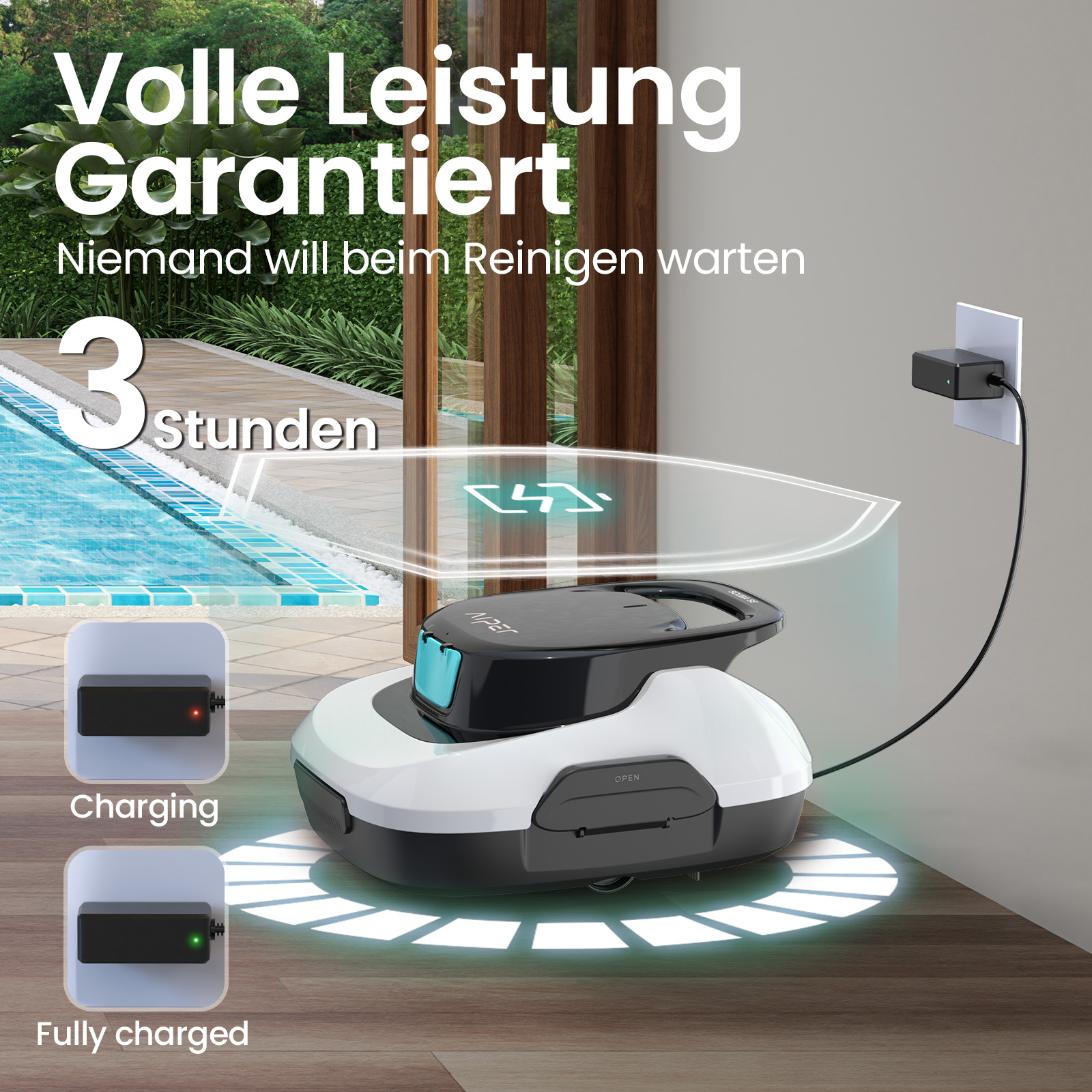 Ein weiß-schwarzer Poolroboter lädt an einer Wandsteckdose, mit Texten auf Deutsch und einem Swimmingpool im Hintergrund.