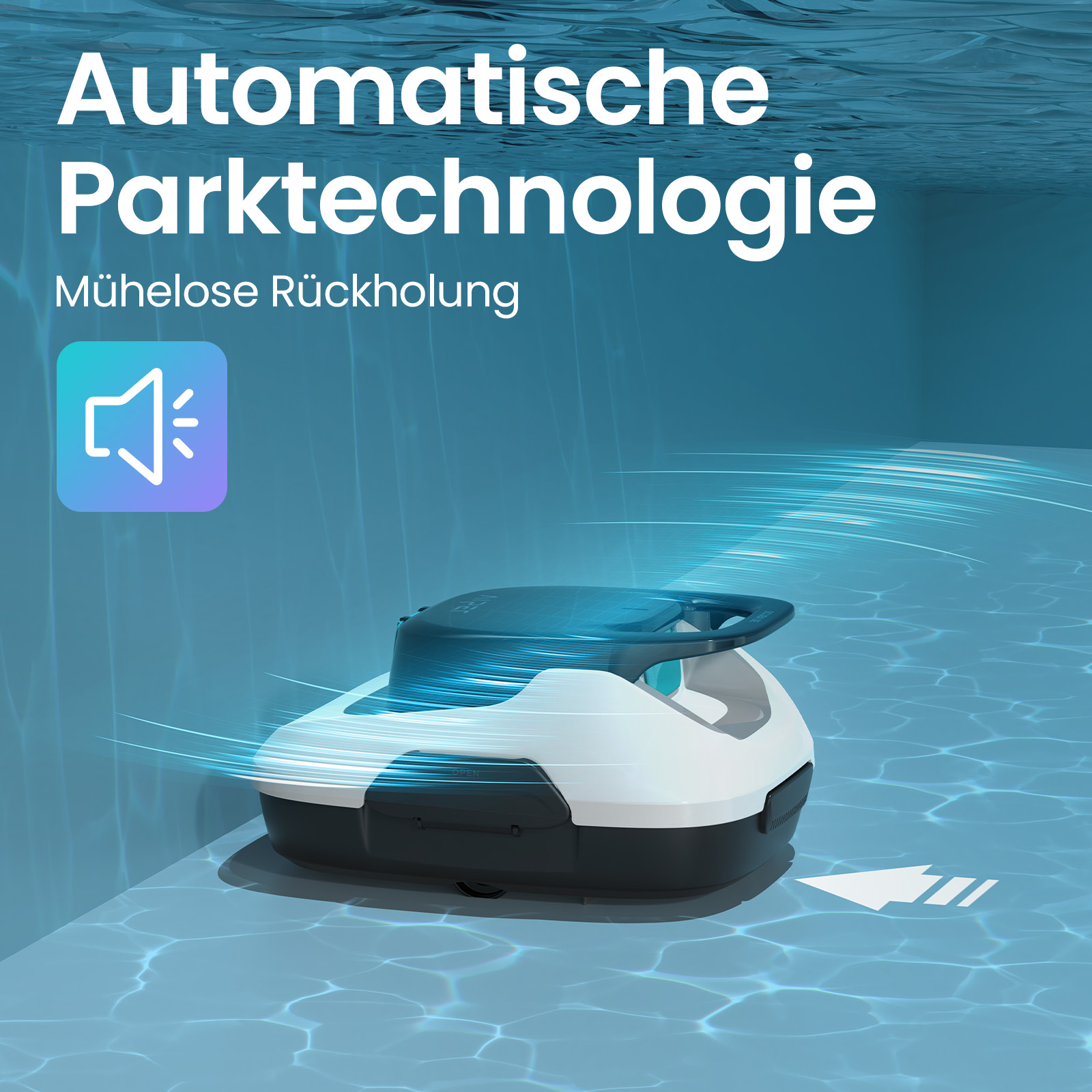 Ein weiß-schwarzer Roboter reinigt den Poolboden mit deutscher Aufschrift über automatischer Parktechnologie.