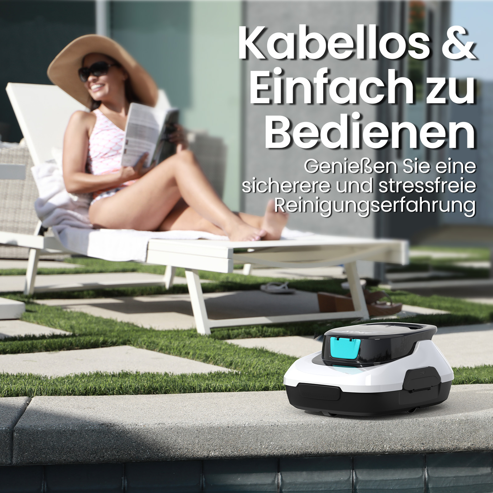 Ein automatischer Poolreiniger am Beckenrand, während eine Frau im Hintergrund auf einer Liege liest.