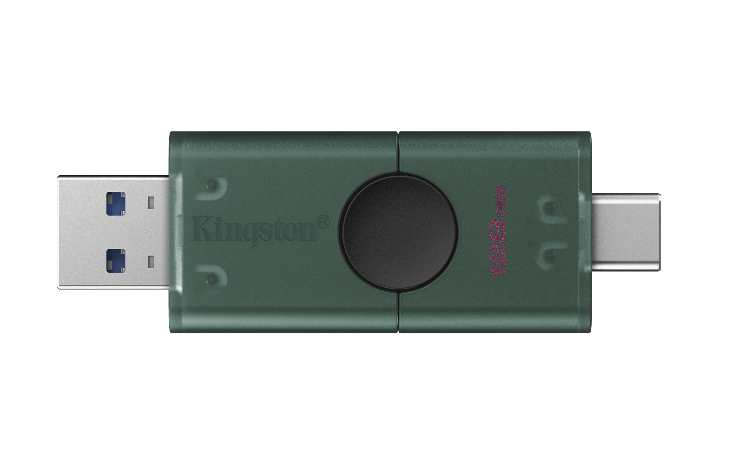 Una chiavetta USB Kingston verde con connettori USB-A e USB-C su sfondo bianco.