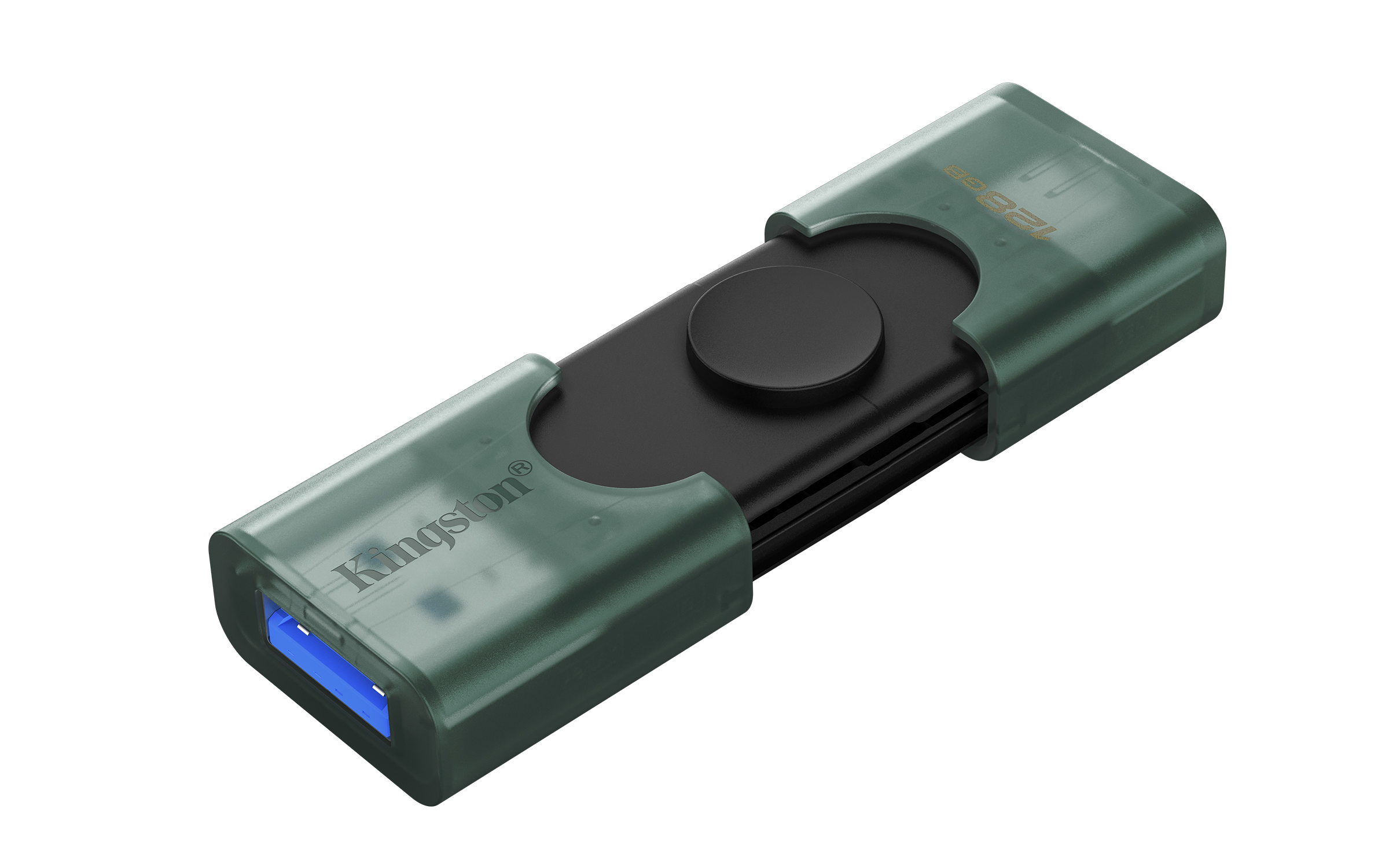 Una chiavetta USB Kingston verde con corpo nero su sfondo bianco.