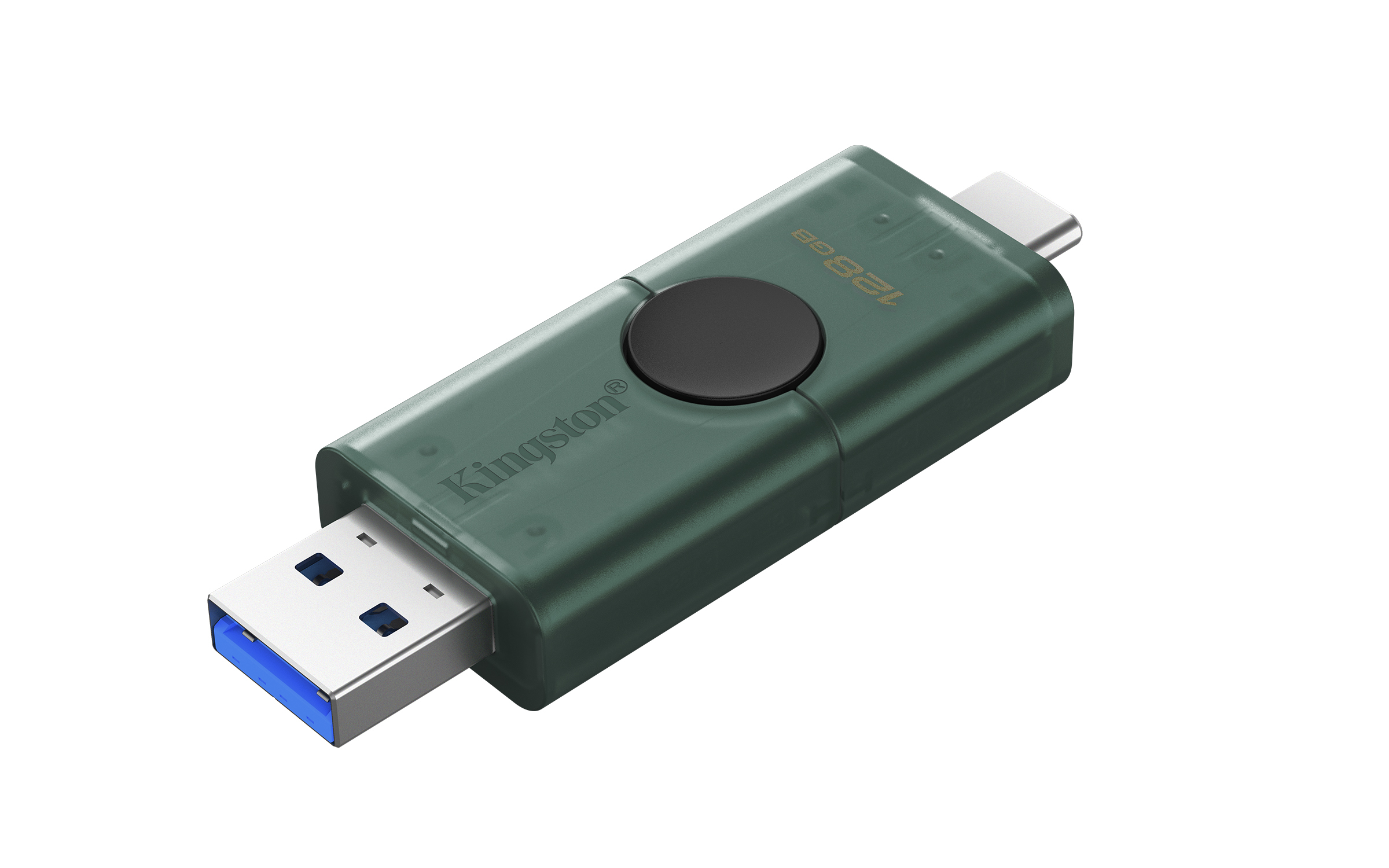 Chiavetta USB Kingston verde con doppi connettori e capacità di 128 GB.