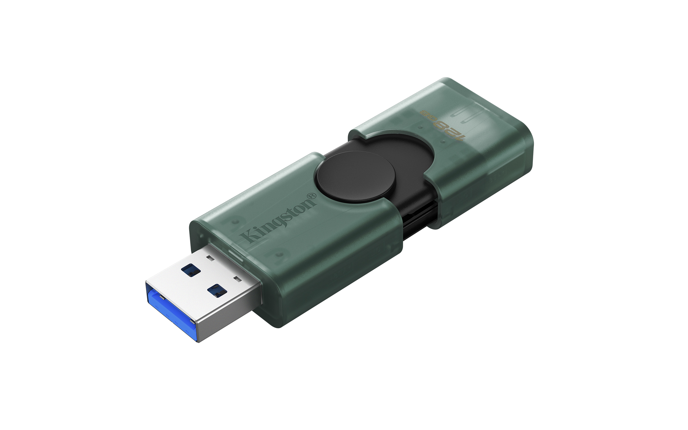 Una chiavetta USB Kingston verde da 128 GB con cappuccio su sfondo bianco.
