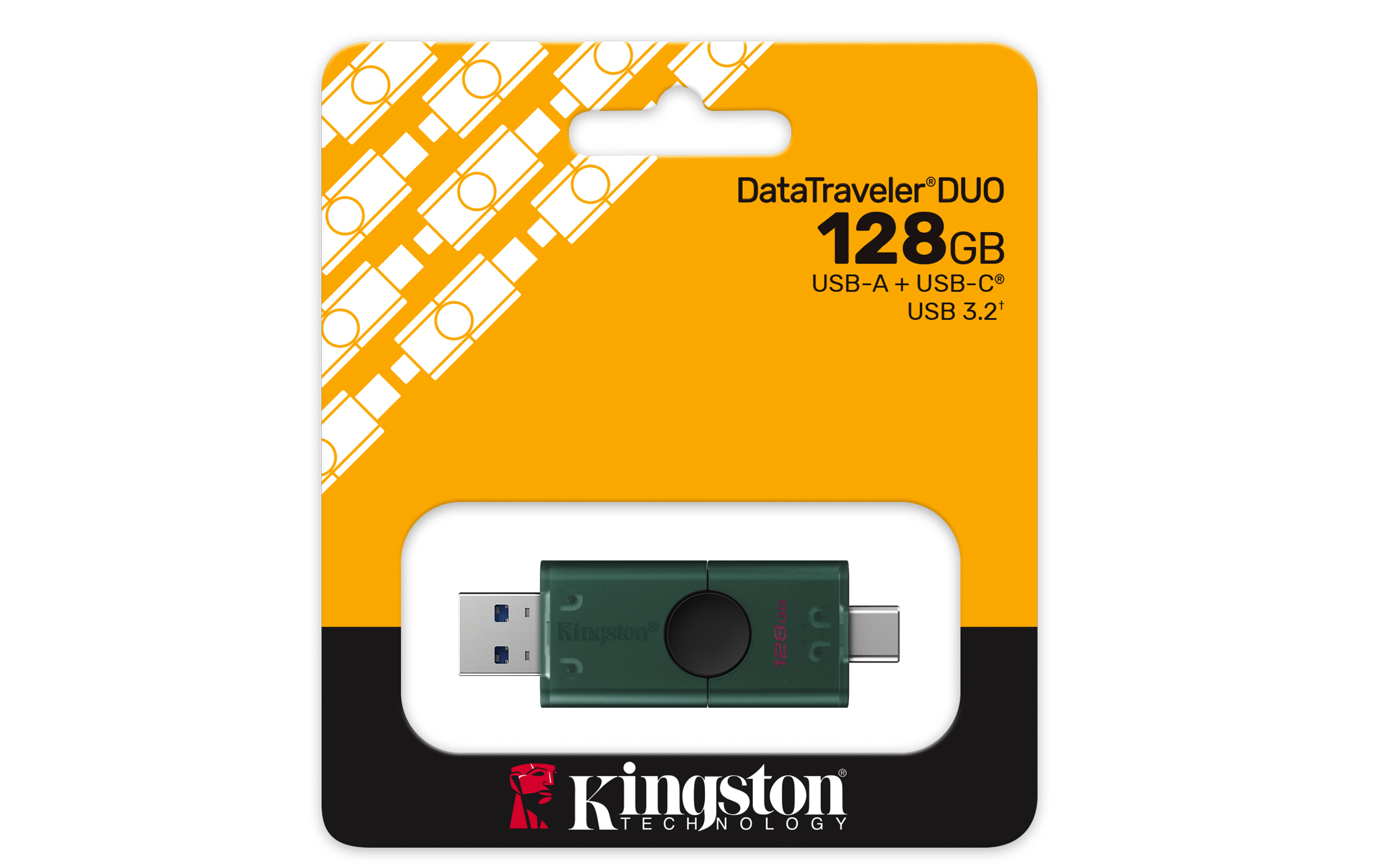 Chiavetta USB Kingston DataTraveler DUO da 128GB in confezione arancione.