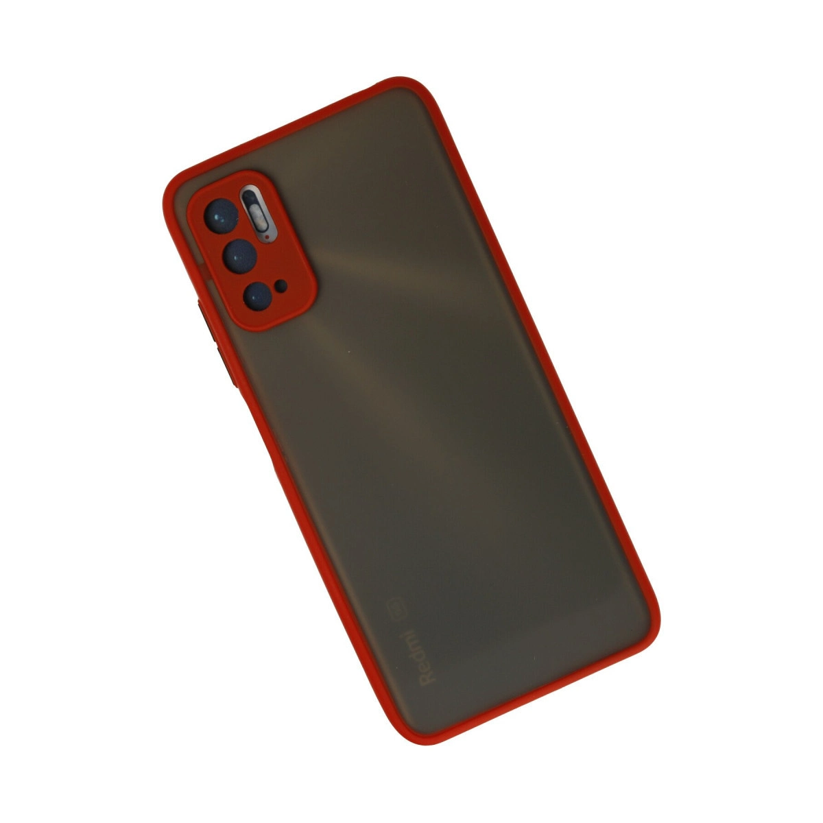 Beyaz arka planda koyu yarı saydam arka yüzeye sahip kırmızı koruyucu kılıflı bir akıllı telefon.