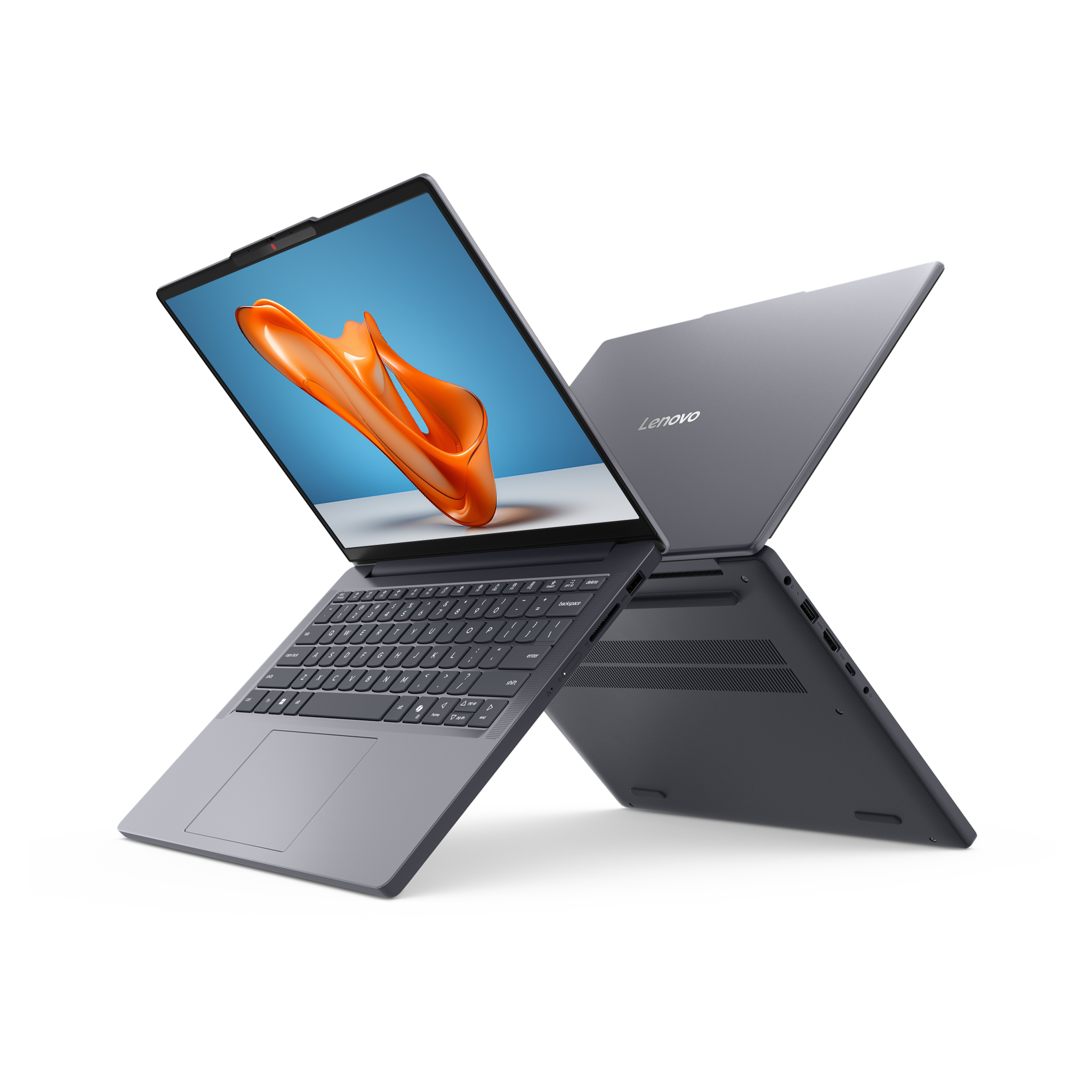 Beyaz arka planda iki gri Lenovo dizüstü bilgisayar, biri turuncu ekranlı açık, diğeri kapalı.