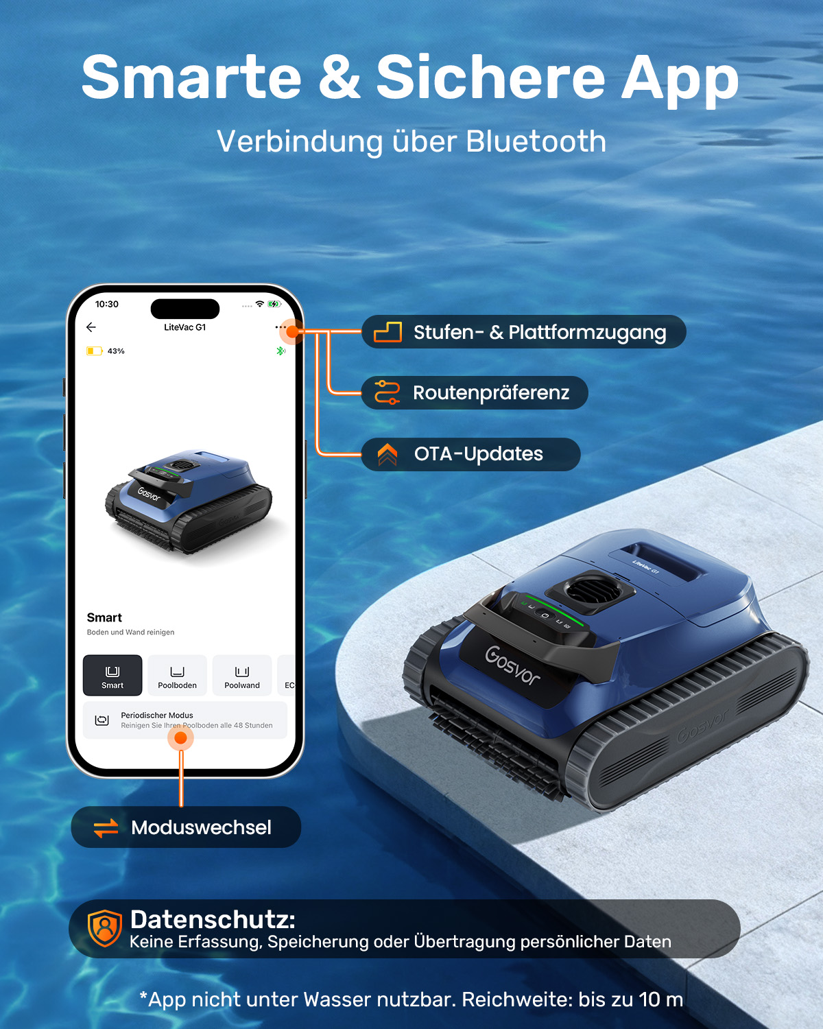 Smartphone zeigt App-Oberfläche für blauen Gosvor Poolreiniger auf Steinrand am Pool.
