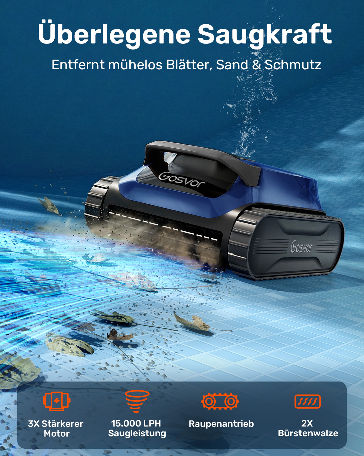 Ein blauer Roboter-Poolreiniger säubert den Beckenboden und wirbelt Wasser und Blätter auf.