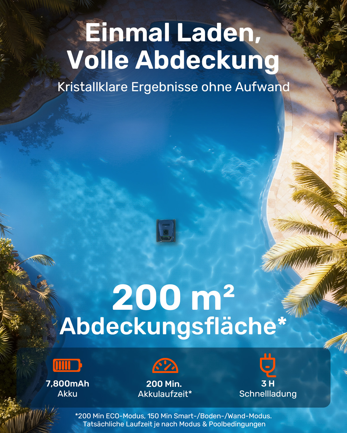 Pool-Reinigungsroboter in blauem Wasser, umgeben von Palmen, mit Werbetext und Akku-Details.
