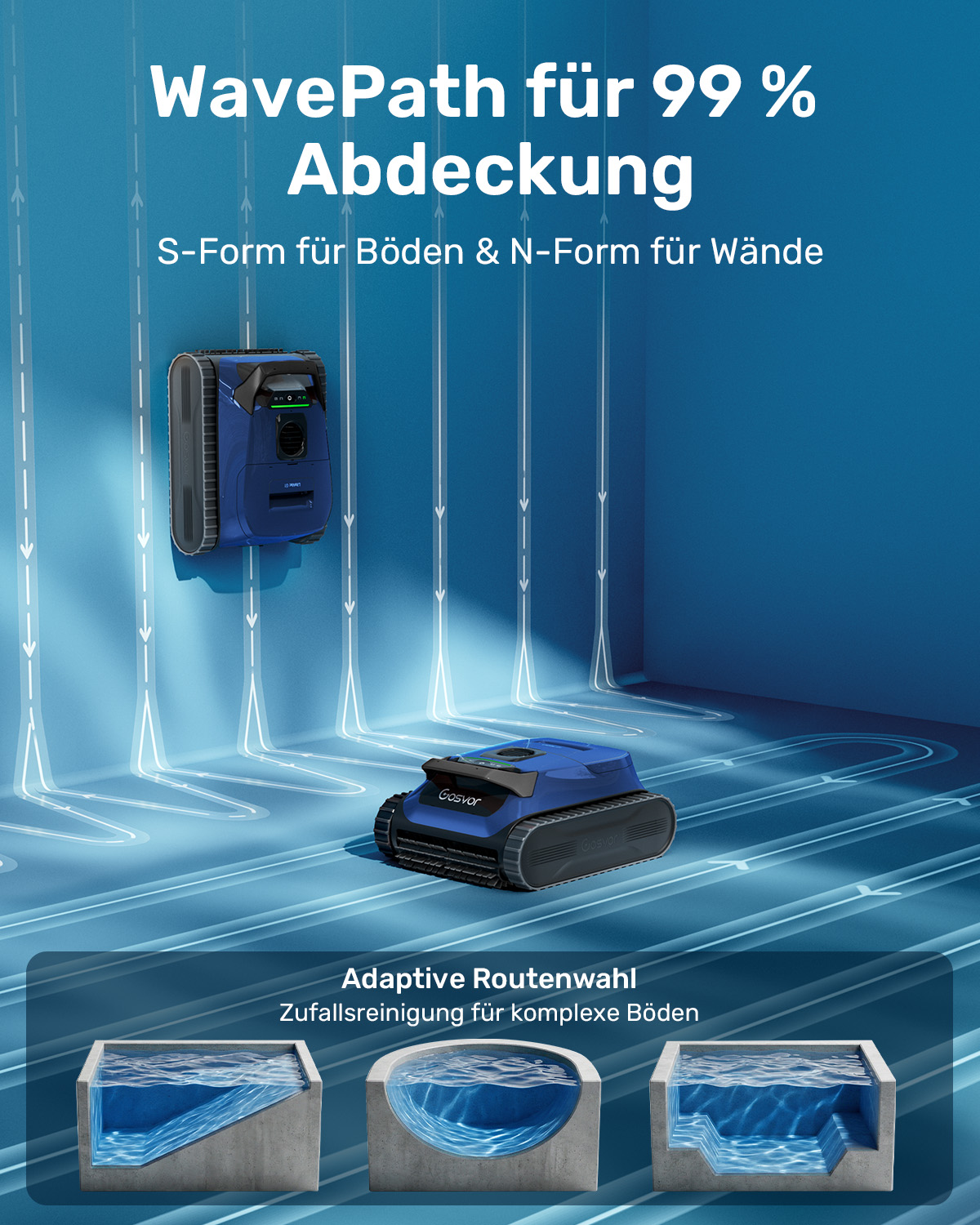 Blaue Roboter für Boden- und Wandreinigung in einem Becken mit grafischen Routenlinien.