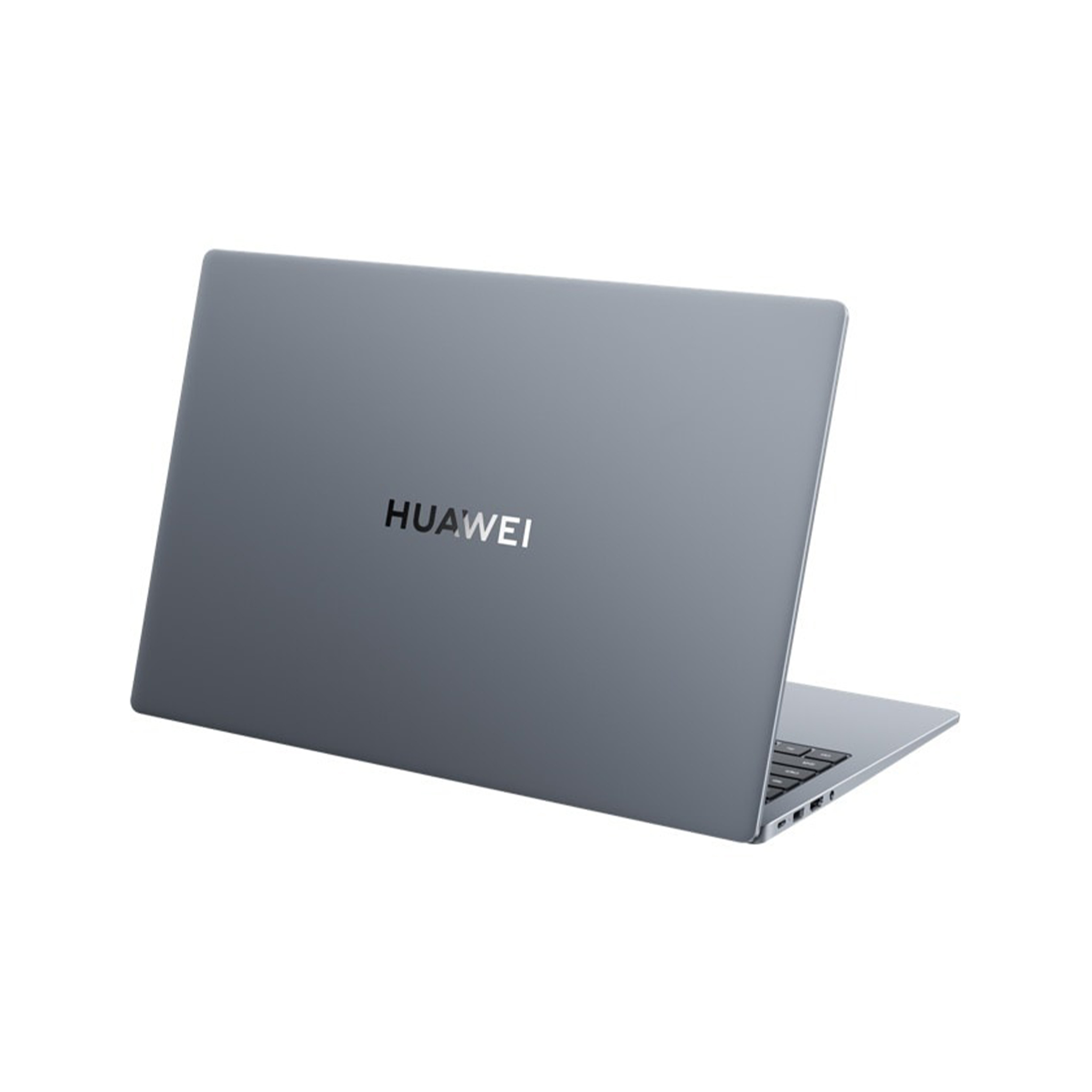 Beyaz bir zemin üzerinde logosu görünen kapalı gri renkli bir Huawei dizüstü bilgisayar.
