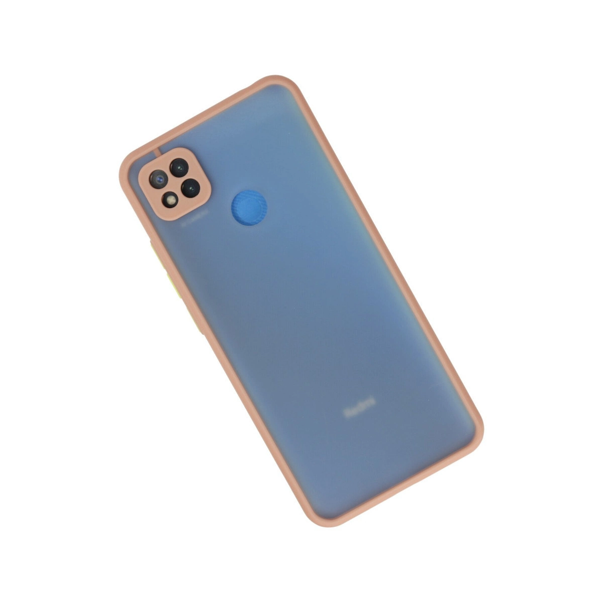 Beyaz arka planda pembe kılıflı ve kameralı mavi akıllı telefonun arkası.