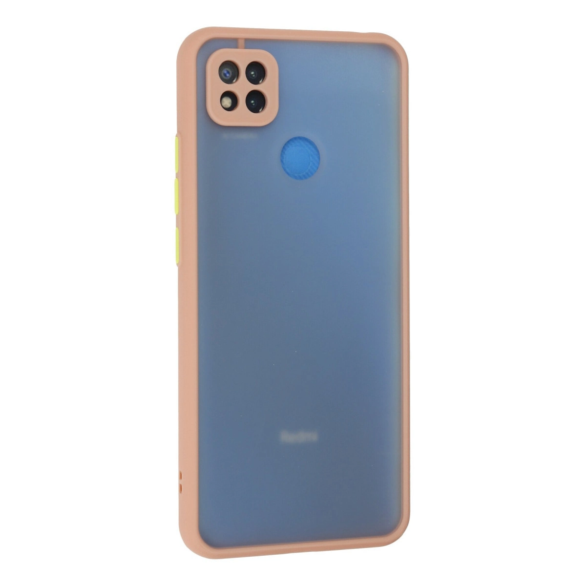 Dört kameralı pembe koruyucu kılıf içindeki mavi akıllı telefonun arka görünümü.
