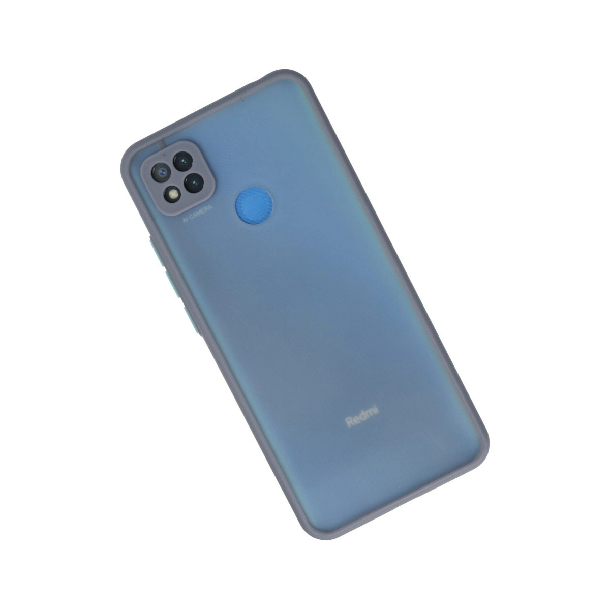 Beyaz arka planda koruyucu kılıf ve kameralı mavi bir Redmi akıllı telefonun arkası.