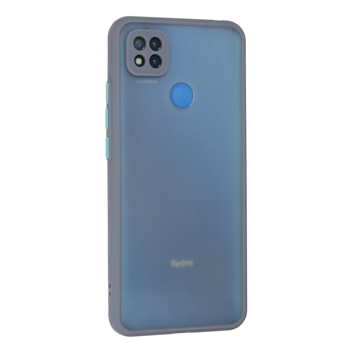 Kamera kesimi ve parmak izi sensörüne sahip mavi Redmi akıllı telefon kılıfı.
