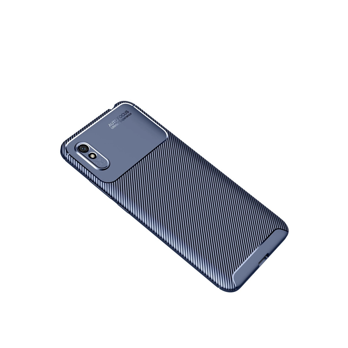 Beyaz arka planda karbon fiber desenli ve kamera kesikli mavi akıllı telefon kılıfı.
