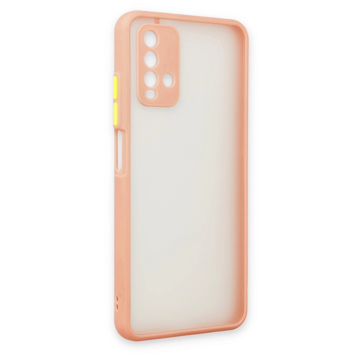 Beyaz arka planda yarı şeffaf arkalı ve sarı düğmeli pembe bir akıllı telefon kılıfı.