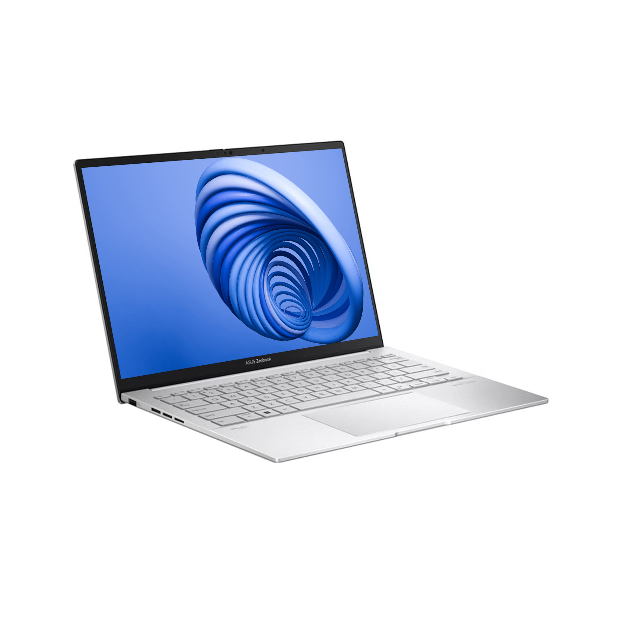 Ekranında mavi spiral grafik bulunan gümüş renkli Asus Zenbook dizüstü bilgisayar, beyaz arka planda.