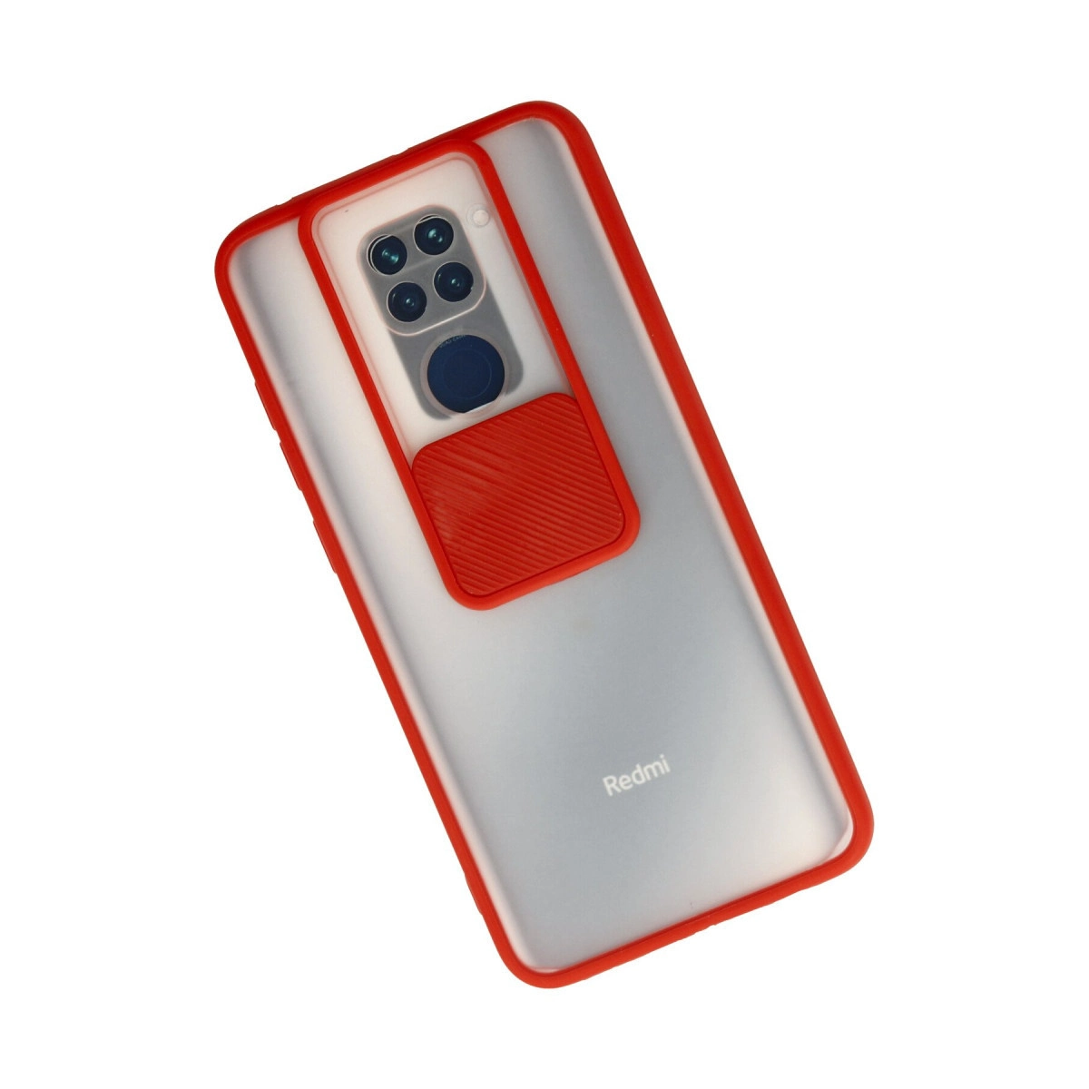 Kırmızı koruyucu kılıf ve kayar kamera kapağına sahip bir Redmi akıllı telefonun arkası.