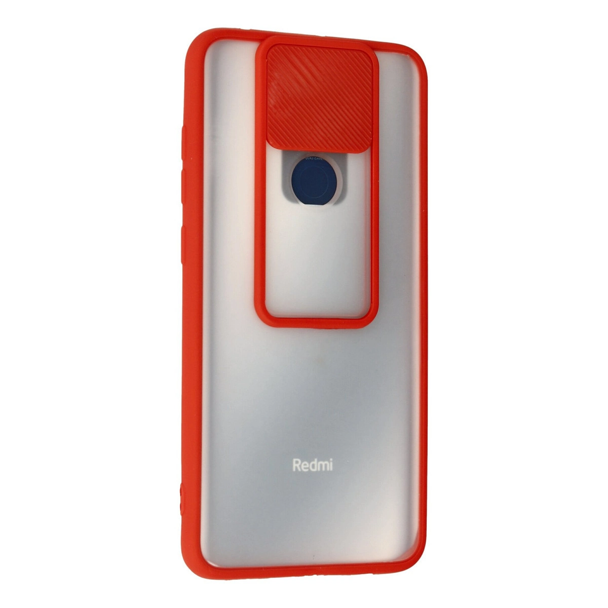Mat arka yüzeye ve sürgülü kamera kapağına sahip kırmızı akıllı telefon kılıfı.