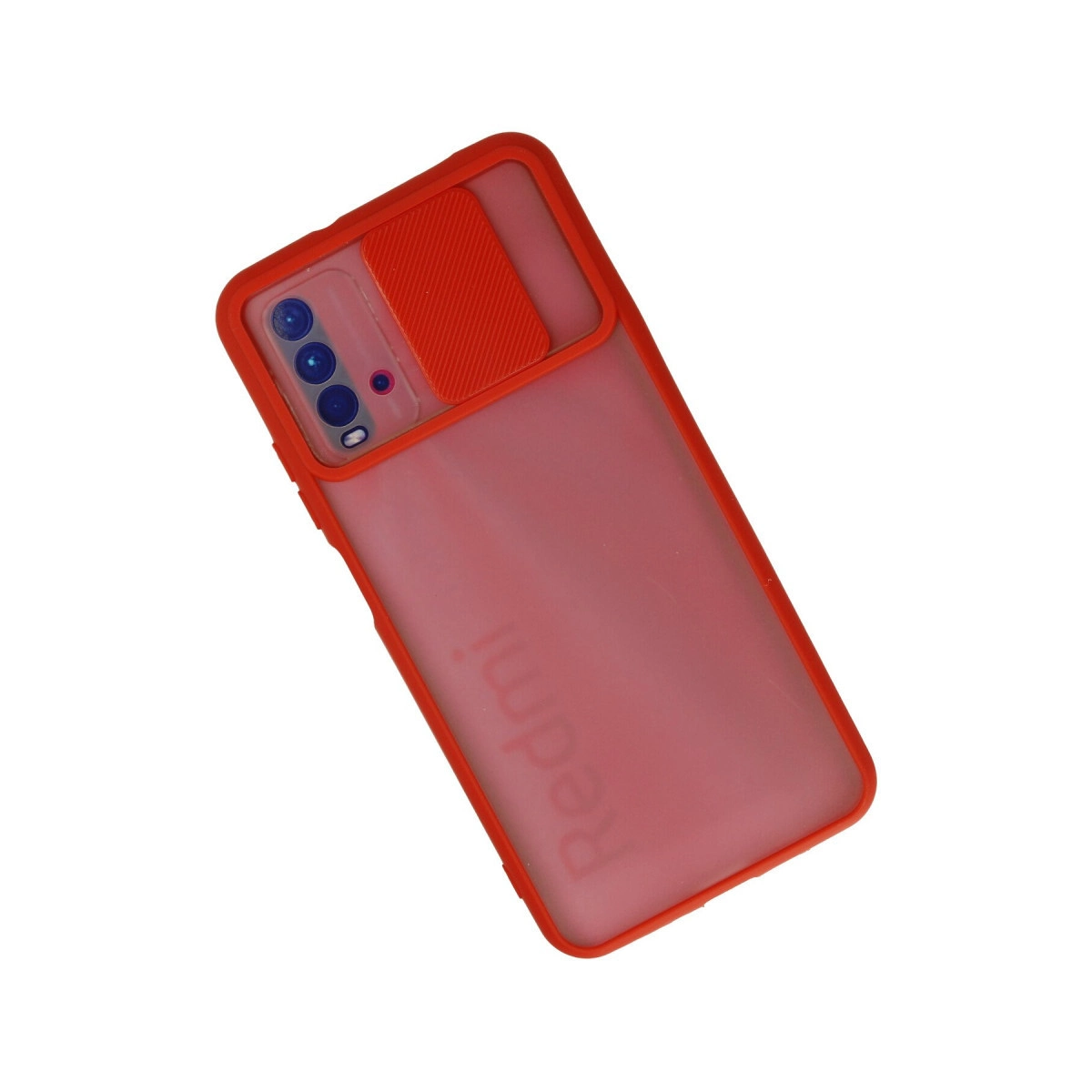 Sürgülü kamera kapaklı ve mat arka yüzeyli kırmızı Redmi telefon kılıfı.