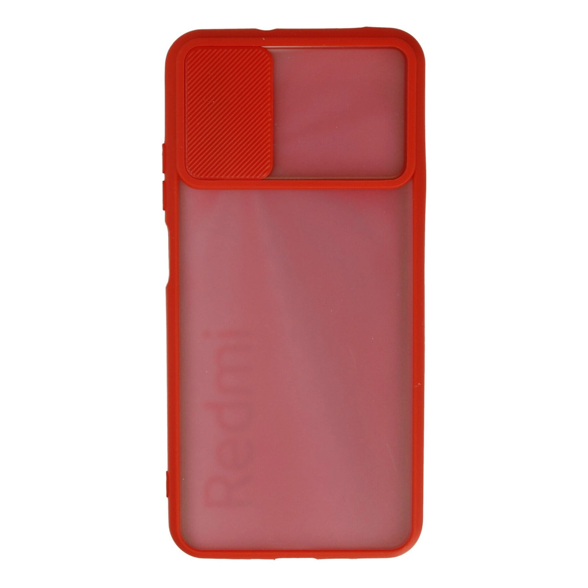 Kayan kamera kapaklı ve Redmi yazılı yarı saydam arka kısma sahip kırmızı akıllı telefon kılıfı.