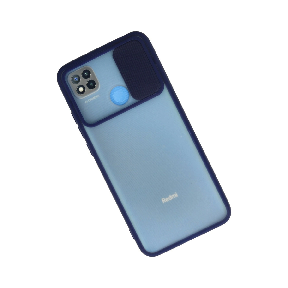 Beyaz arka planda kamera sürgülü mavi Redmi akıllı telefon kılıfı.