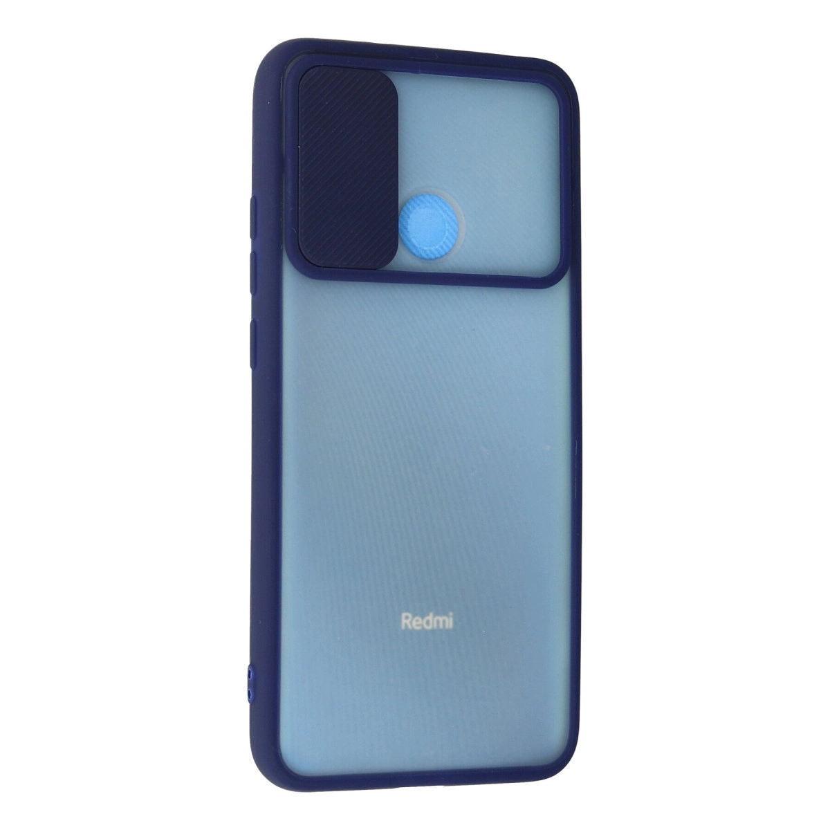 Yarı saydam arka yüzü, koyu mavi kamera kapağı ve parmak izi sensörü için dairesel boşluğu olan mavi telefon kılıfı.
