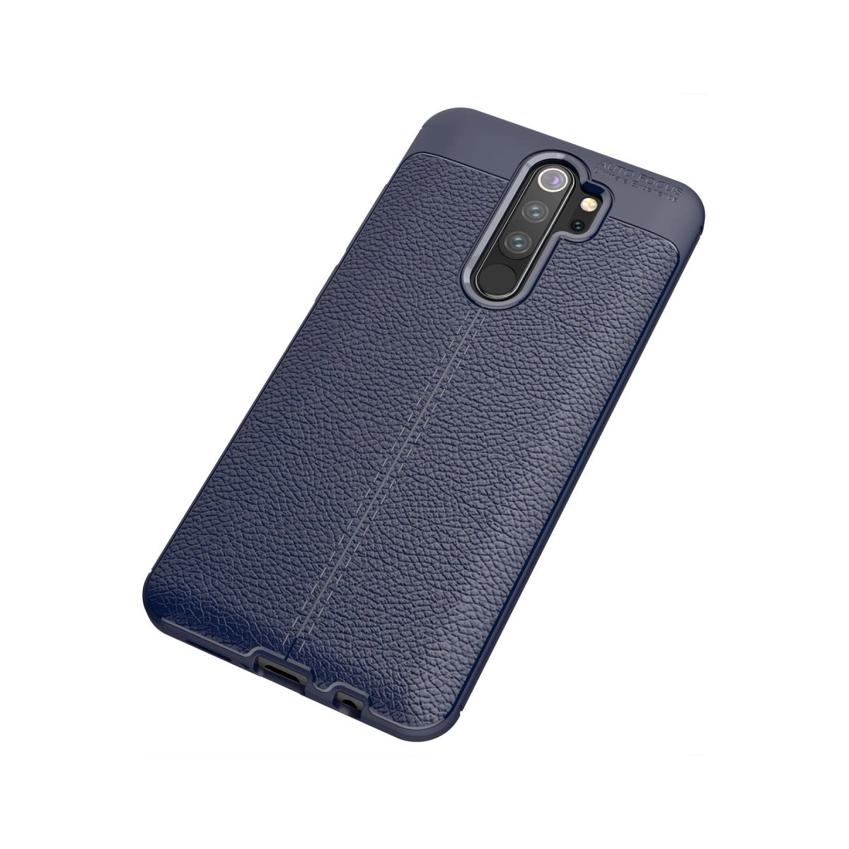 Beyaz arka planda deri dokulu ve kamera çıkıntılı koyu mavi koruyucu telefon kılıfı.