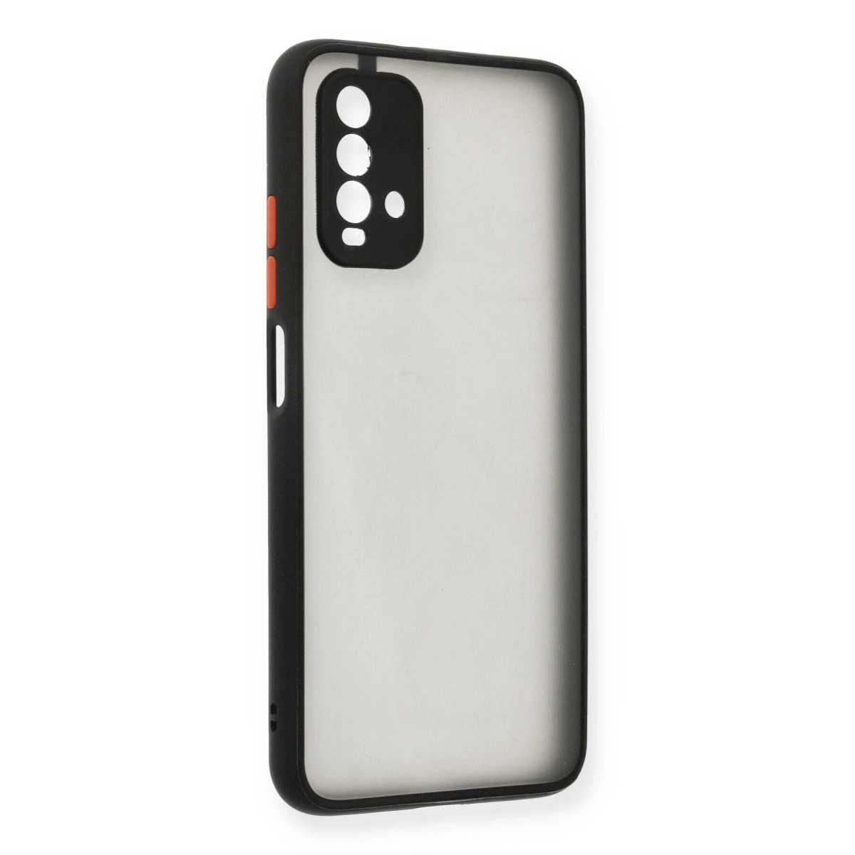 Siyah çerçeveli, kamera delikli ve iki turuncu tuşlu, mat, yarı saydam telefon kılıfı.