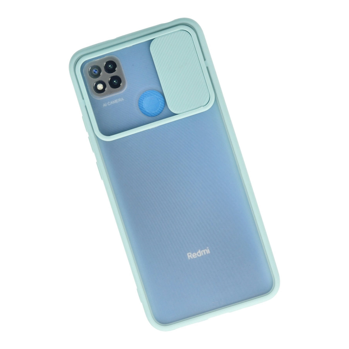 Kayan kamera kapaklı açık mavi koruyucu kılıf içinde mavi bir Redmi akıllı telefon.