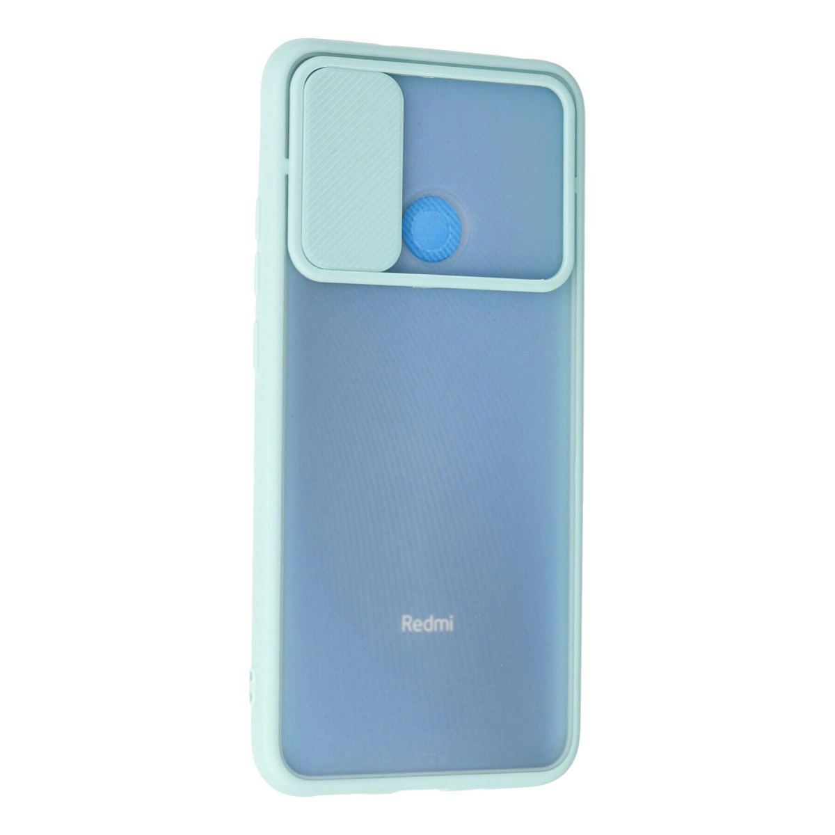 Kamera sürgülü kapaklı ve mavi parmak izi sensörlü açık mavi Redmi telefon kılıfı.